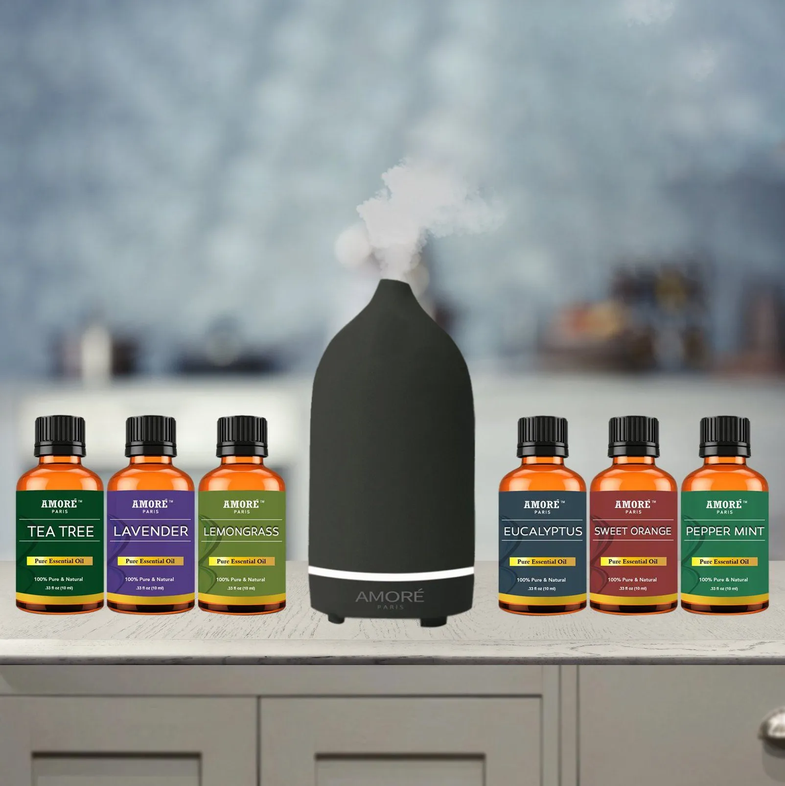 7-Piece: Ceramic Ultrasonic Aromatherapy Essential Oil Diffuser With Essential Oils