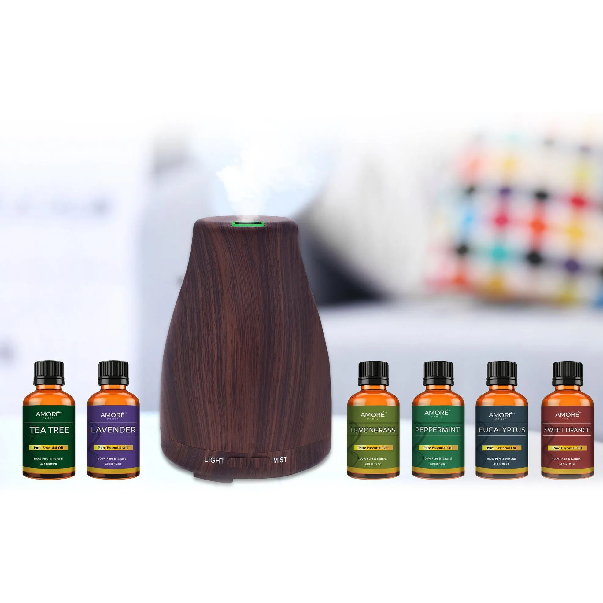 7-Piece Set: Natural Wood Grain Cool Mist Aromatherapy Diffuser With Essential Oil