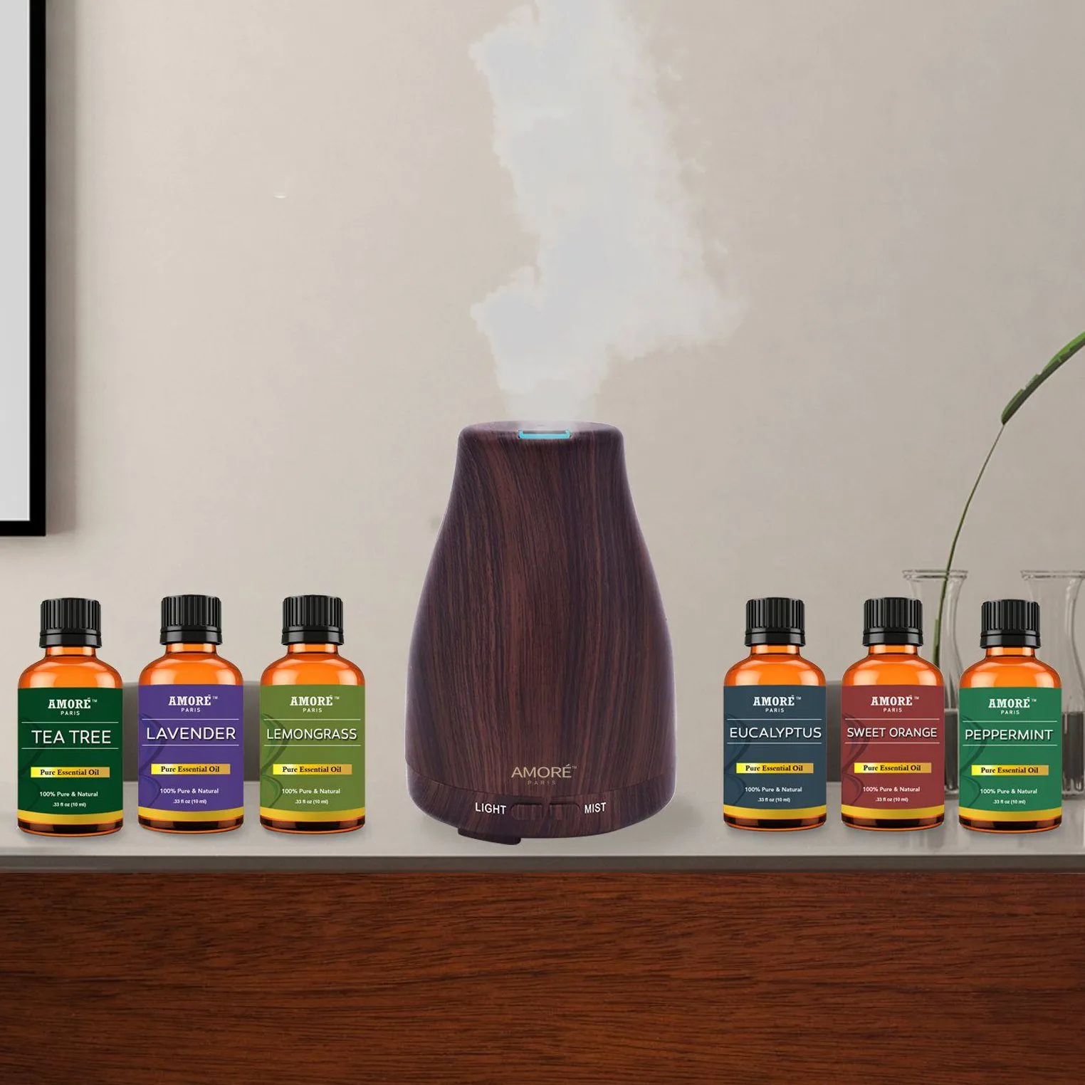 7-Piece Set: Natural Wood Grain Cool Mist Aromatherapy Diffuser With Essential Oil