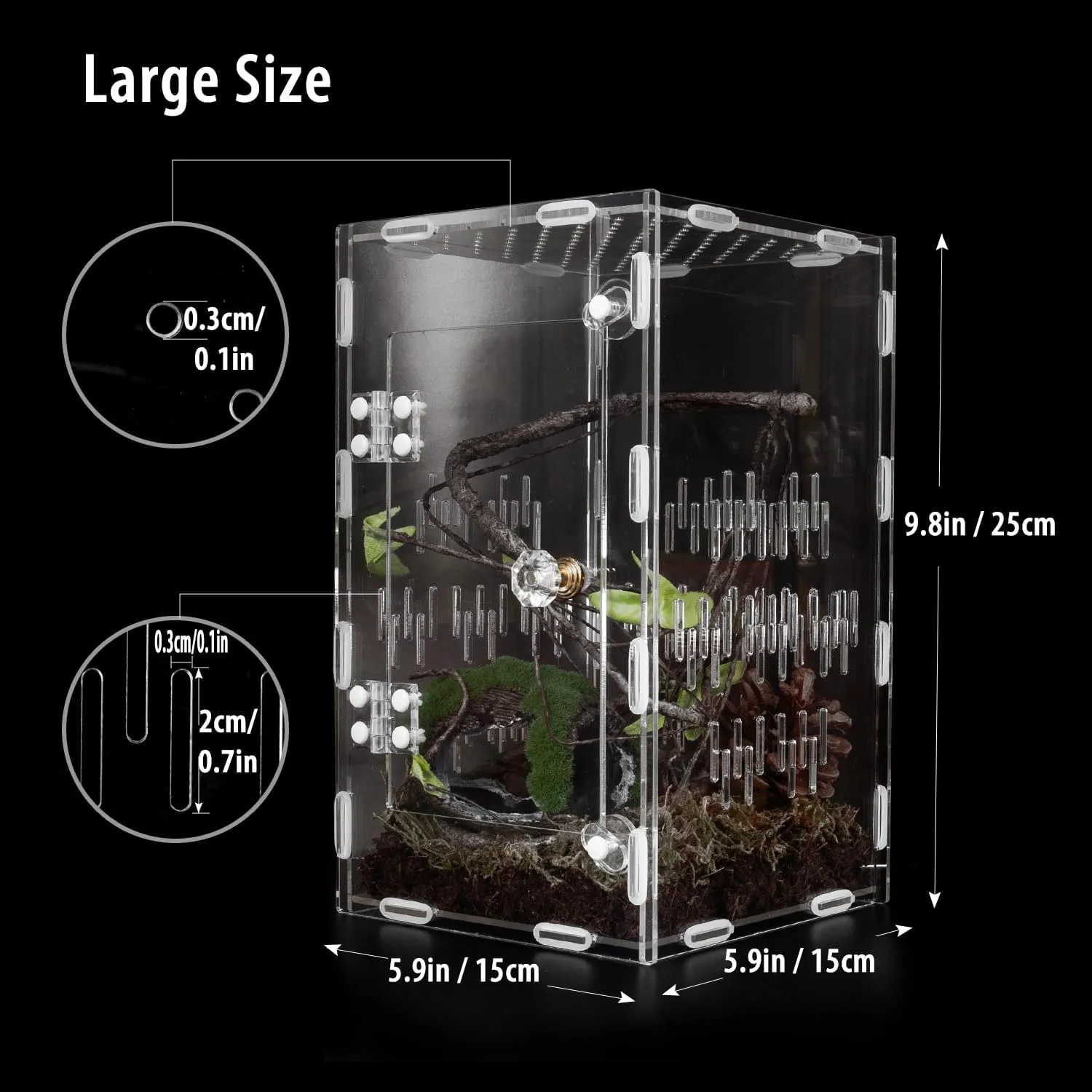 Acrylic Jumping Spider Enclosure, 10"*6"*6" Large Ventilated Reptile Terrarium with Front Opening Door for Tarantula, Insects, Frogs, Praying Mantis, Snails