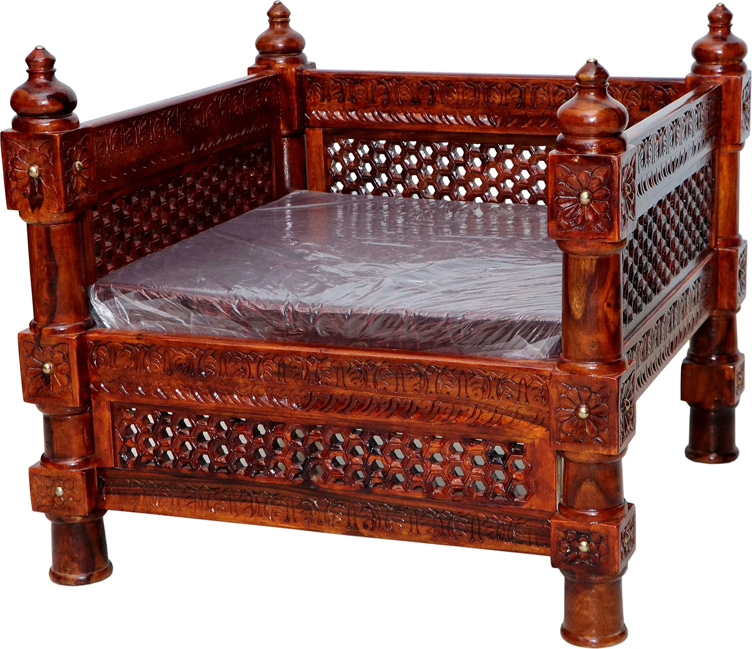 Advika Handicraft Antique Sheesham Solid Wood Sofa Set | Wooden Sofa Set | Living Room Furniture (2 1 1 with Antique Brass Bakhra Coffee Table)
