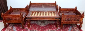 Advika Handicraft Antique Sheesham Solid Wood Sofa Set | Wooden Sofa Set | Living Room Furniture (2 1 1 with Antique Brass Bakhra Coffee Table)