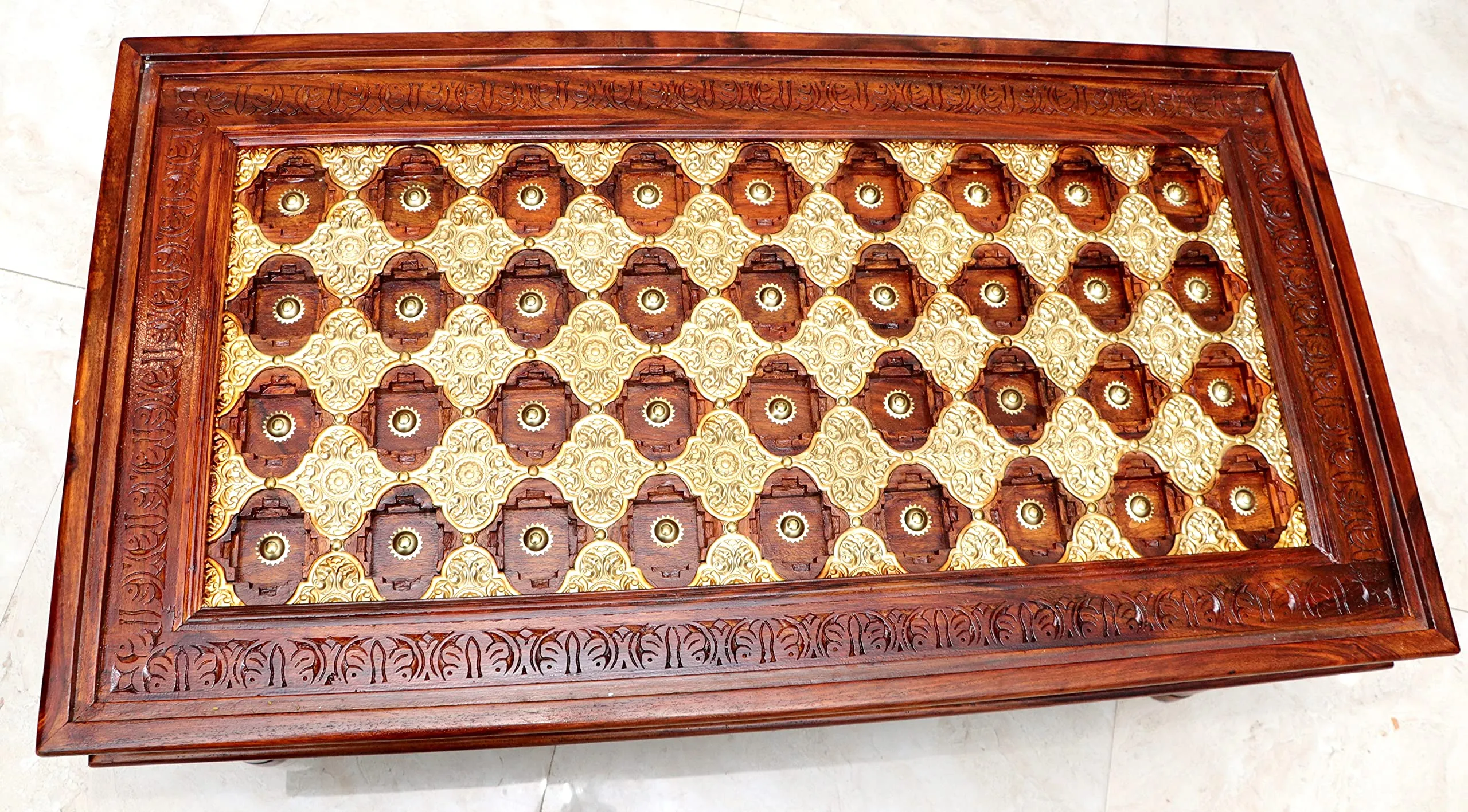 Advika Handicraft Antique Sheesham Solid Wood Sofa Set | Wooden Sofa Set | Living Room Furniture (2 1 1 with Antique Brass Bakhra Coffee Table)