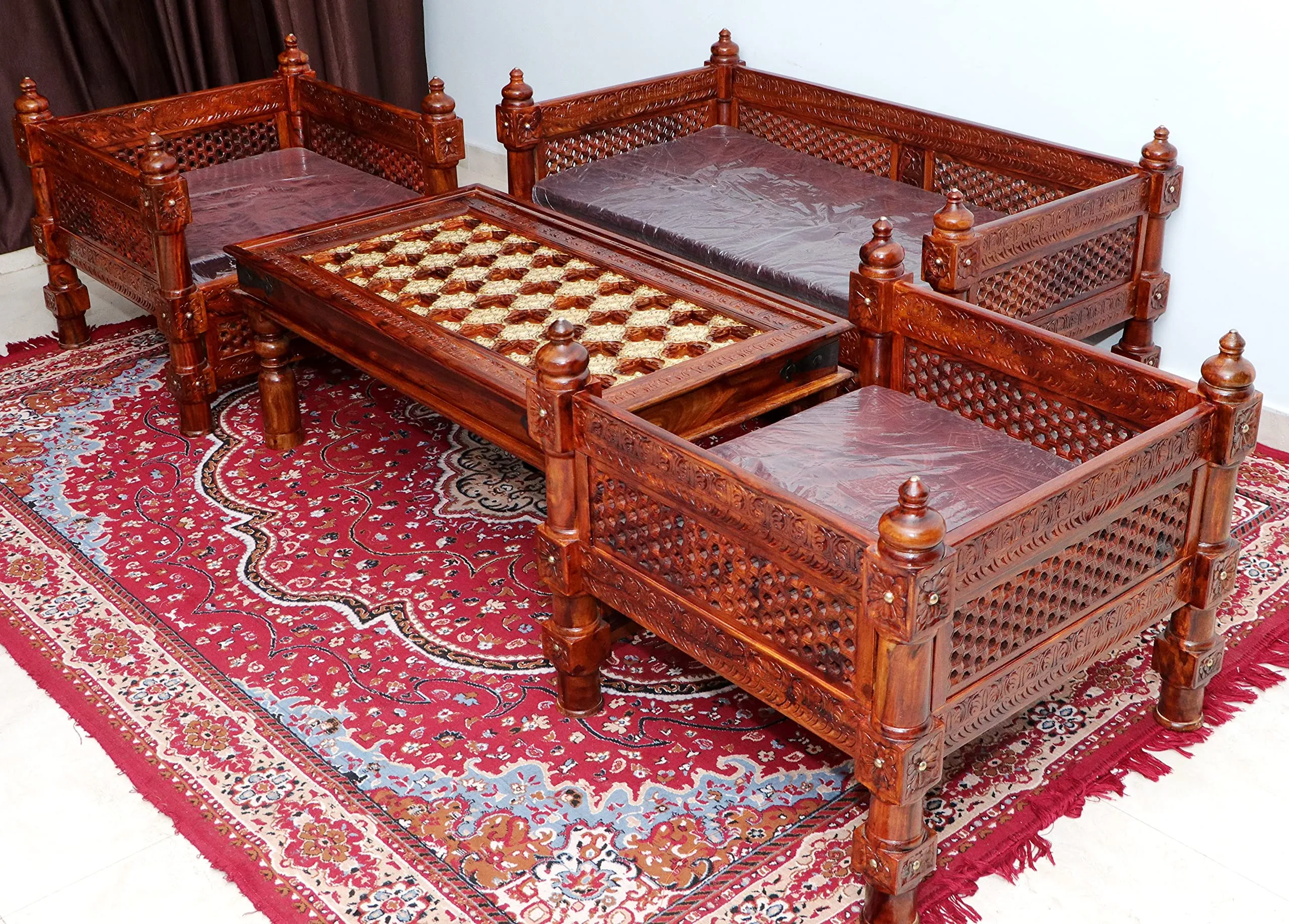 Advika Handicraft Antique Sheesham Solid Wood Sofa Set | Wooden Sofa Set | Living Room Furniture (2 1 1 with Antique Brass Bakhra Coffee Table)