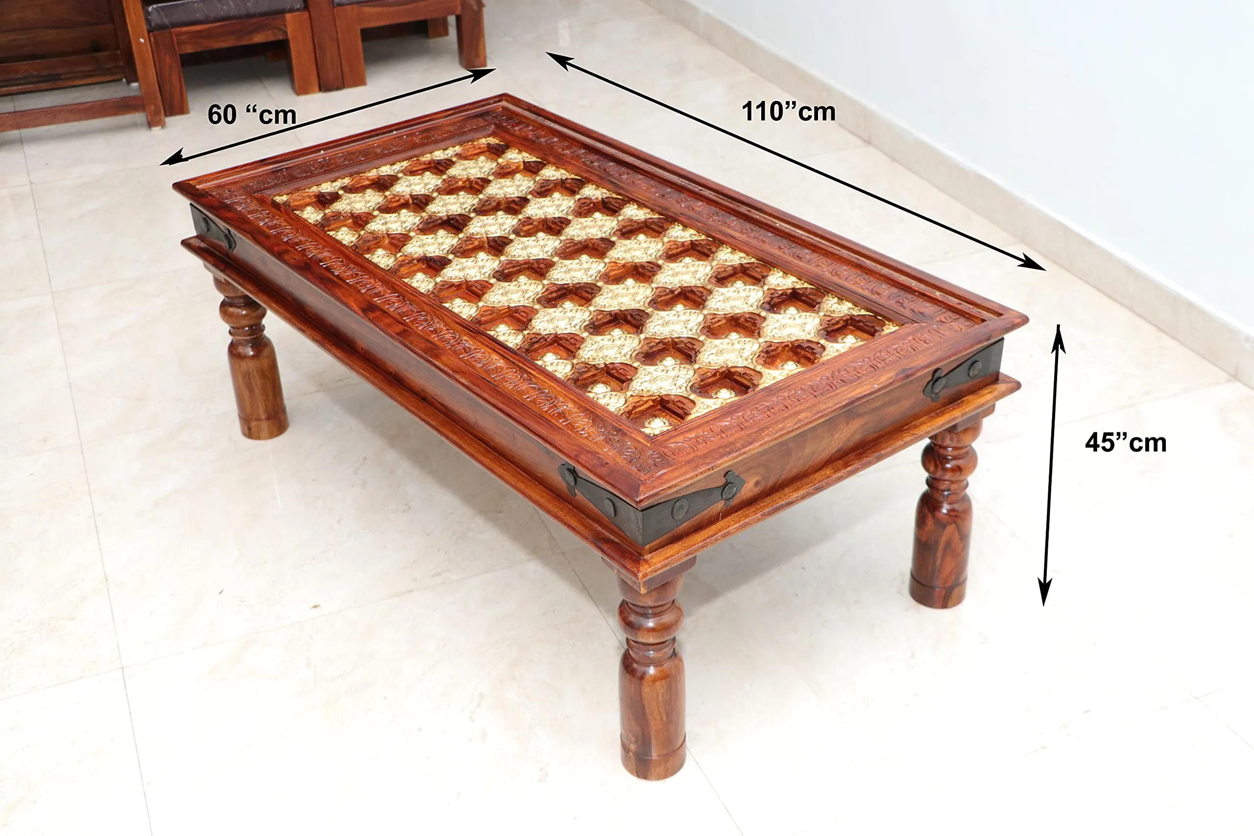 Advika Handicraft Antique Sheesham Solid Wood Sofa Set | Wooden Sofa Set | Living Room Furniture (2 1 1 with Antique Brass Bakhra Coffee Table)