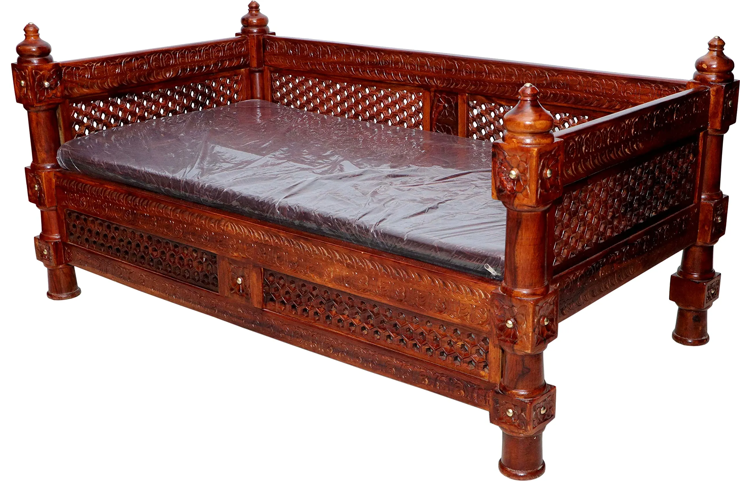 Advika Handicraft Antique Sheesham Solid Wood Sofa Set | Wooden Sofa Set | Living Room Furniture (2 1 1 with Antique Brass Bakhra Coffee Table)