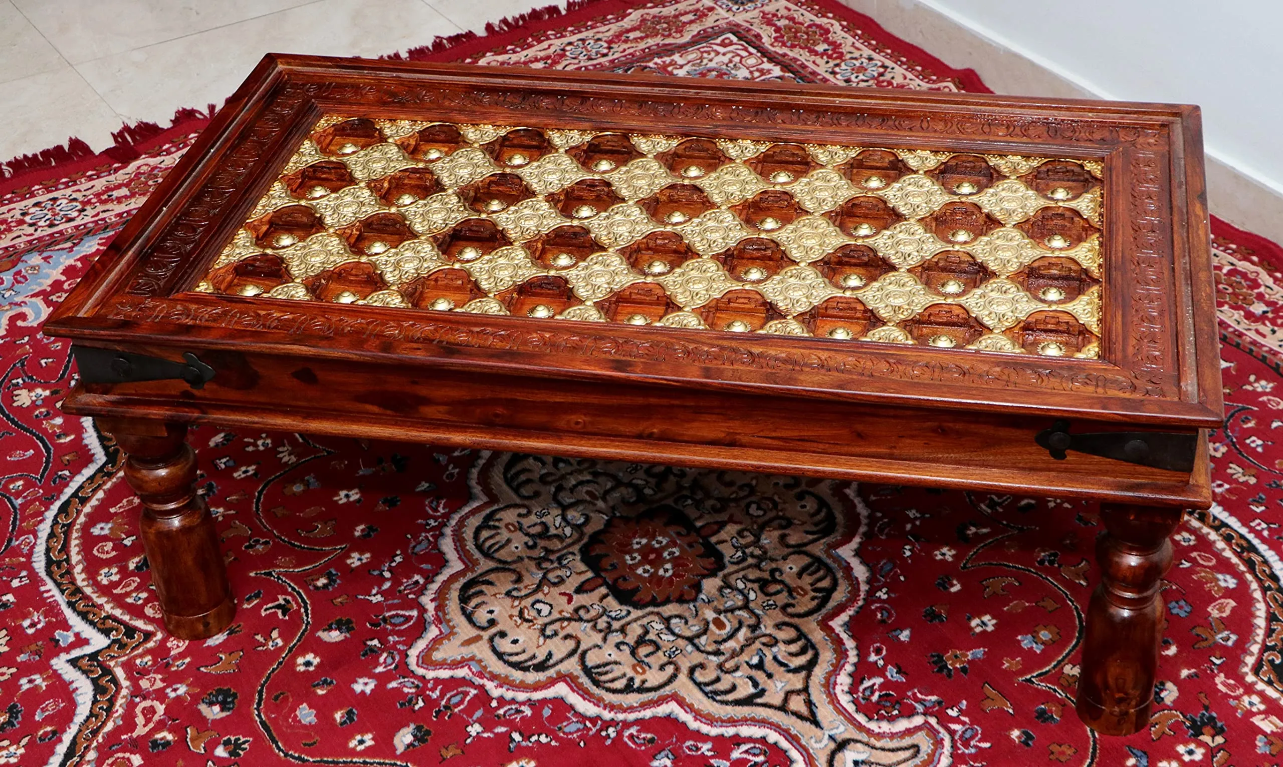 Advika Handicraft Antique Sheesham Solid Wood Sofa Set | Wooden Sofa Set | Living Room Furniture (2 1 1 with Antique Brass Bakhra Coffee Table)