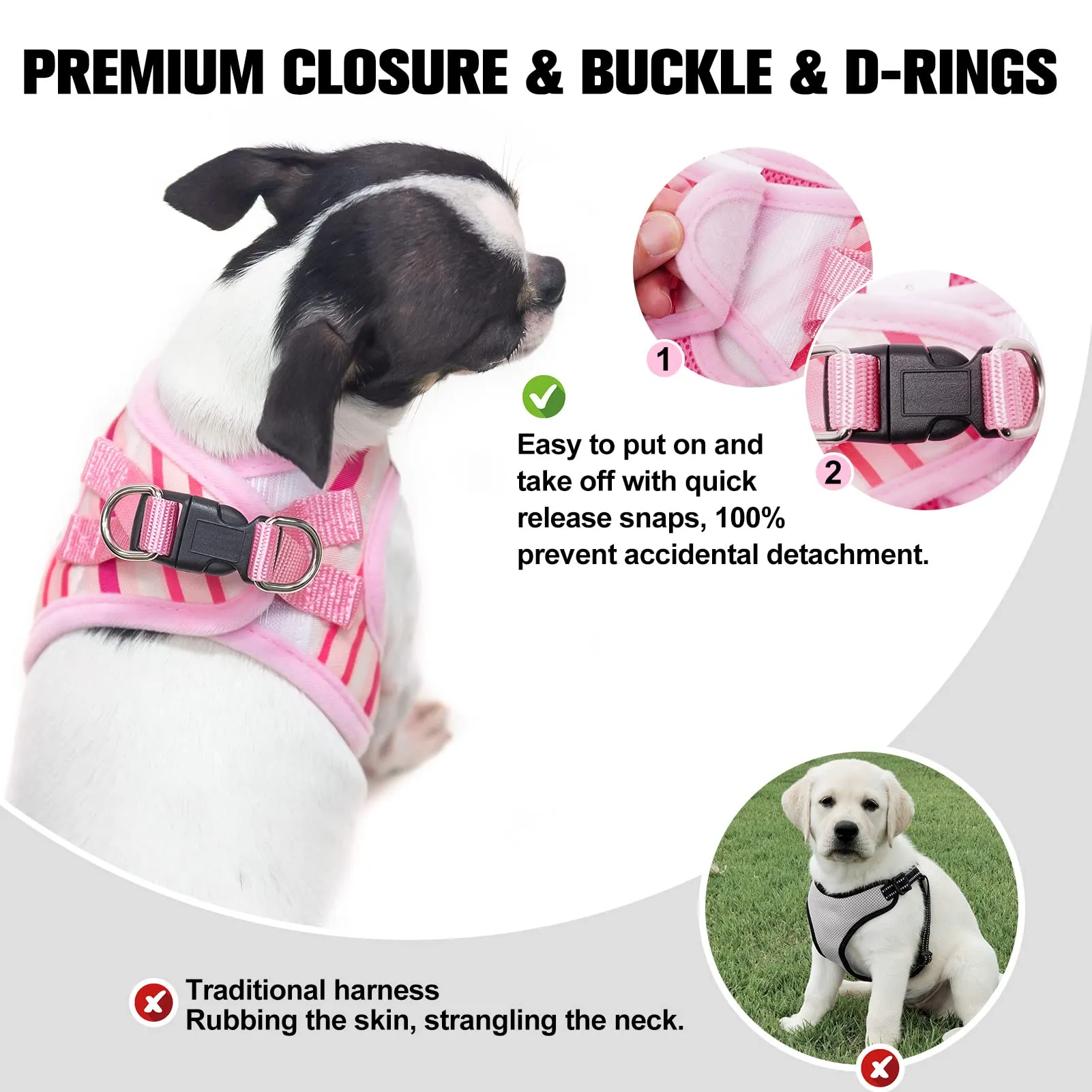 BEAUTYZOO Dog Harness and Leash Set for Small Dogs,No Pull Step-in Harness for Puppy XS S Sized Dogs and Cats,Air Mesh Adjustable Breathable Soft No Chock Escape Proof Vest Harnesses,Striped Pink XXS