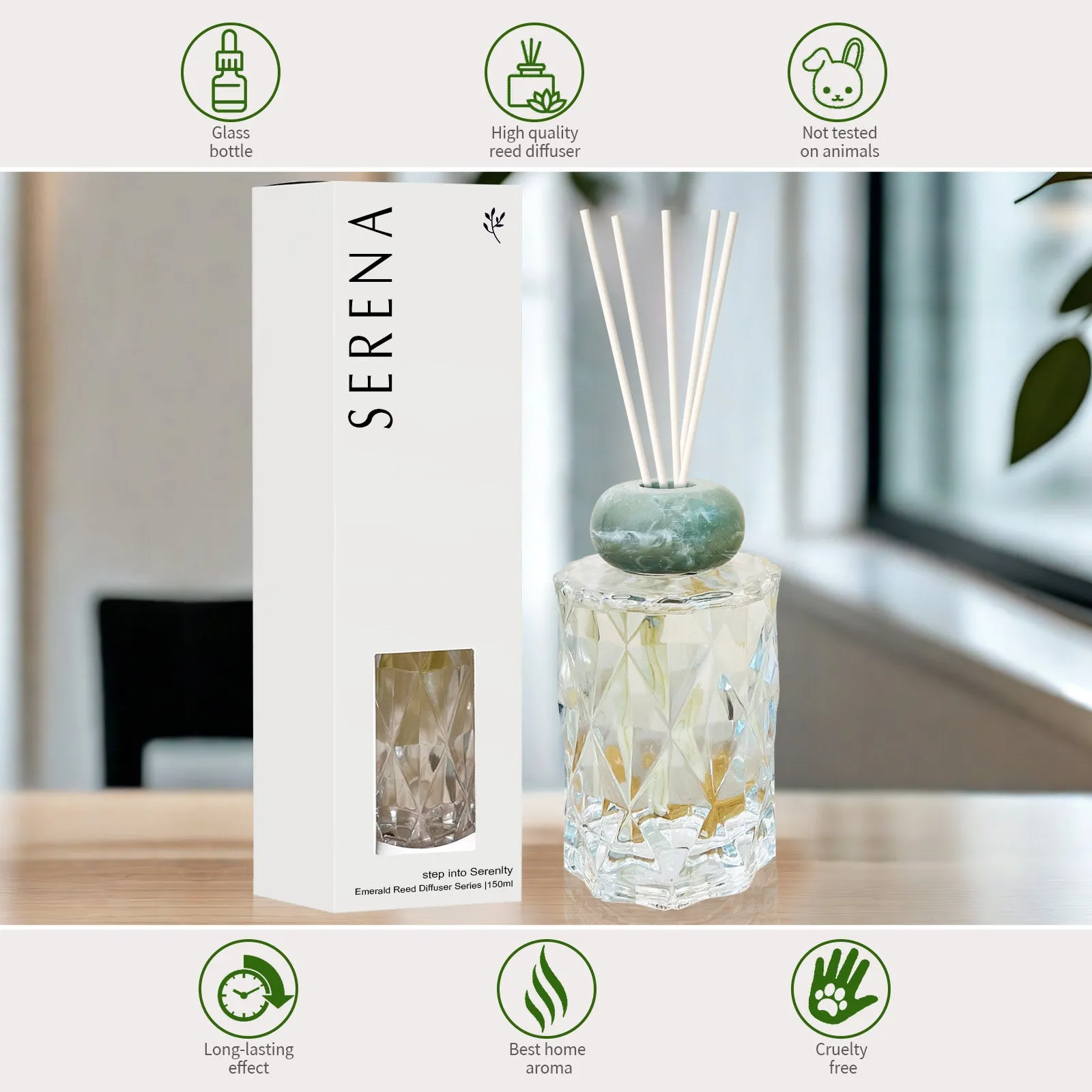 Crystal Glass Diffuser for Home Fragrance, Serena Air Freshener (150ml)