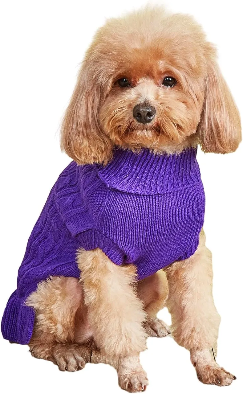 Dog Sweater, Dog Dress for Small Dogs Pet Sweaters Cold Weather Cable Knitwear, Cute Knitted Classic Cat Sweater Warm Dog Clothes Coat for Girls Dog Puppy Cat (Purple, Large)