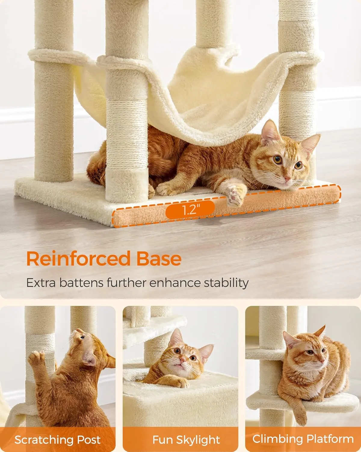 Feandrea Cat Tree, 61-Inch Cat Tower for Indoor Cats, Plush Multi-Level Cat Condo with 5 Scratching Posts, 2 Perches, 2 Caves, Hammock, 2 Pompoms, Beige UPCT192M01