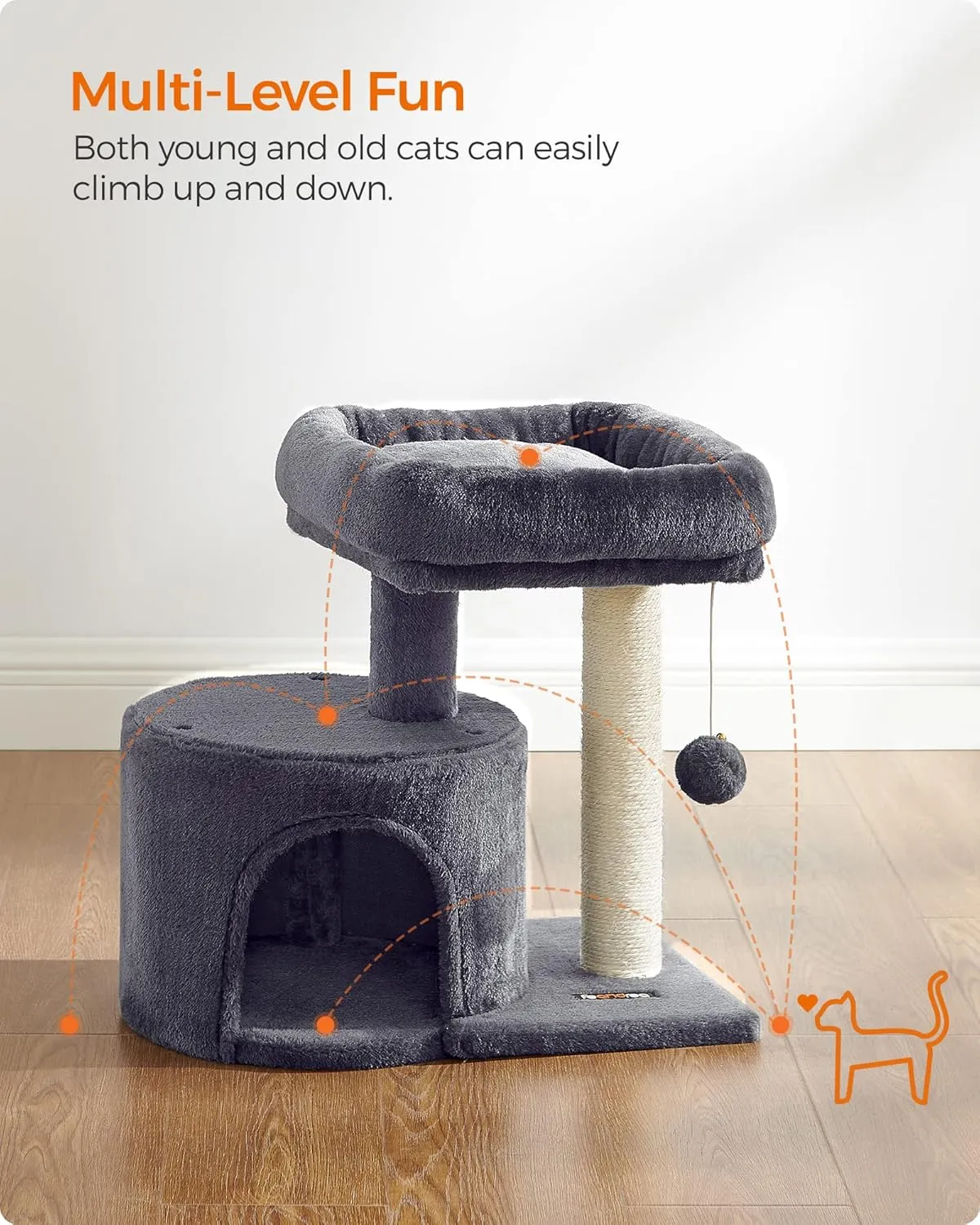 Feandrea Cat Tree Tower with Sisal Scratching Post, Cat Condo with Padded Perch, for Small Spaces, Kittens, Smoky Gray UPCT50G