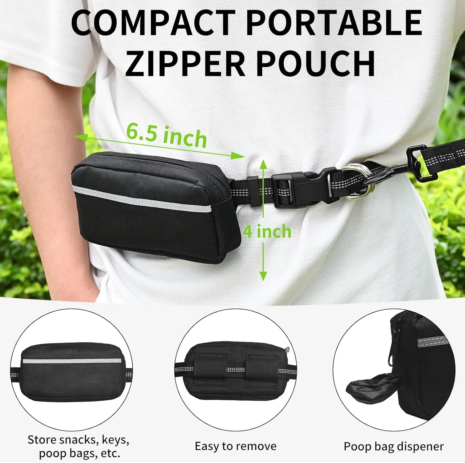 Hands Free Dog Leash with Zipper Pouch, Retractable Bungee Waist Leash with Dual Padded Handles & Waist Belt Fanny Pack for Medium & Large Dog Training Walking Running Hiking Jogging (Green)