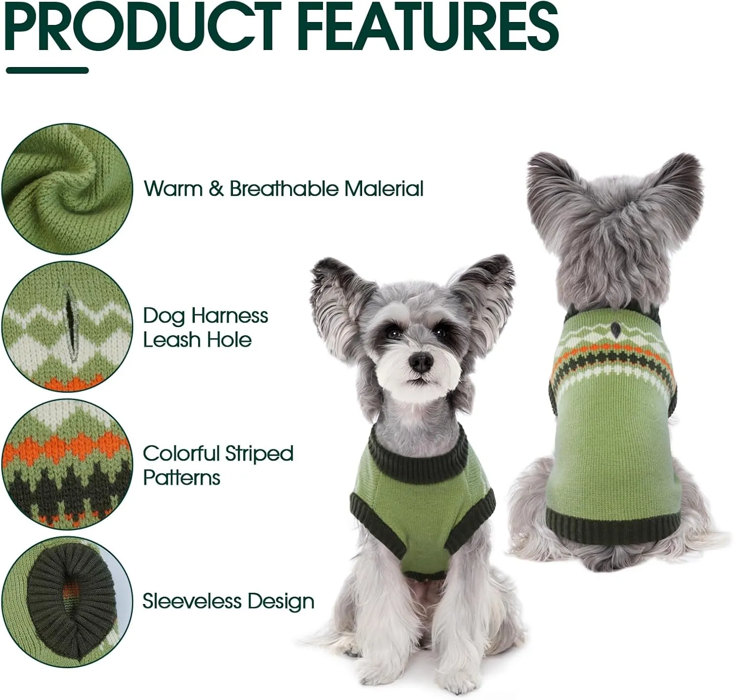 Kuoser Dog Sweater, Small Dog Sweater, Dog Sweaters for Small Dogs Girl Boy, Thermal Puppy Christmas Sweater Knitwear, Cold Weather Pet Winter Pullover Sweatshirt Apparel with Leash Hole, Green XS