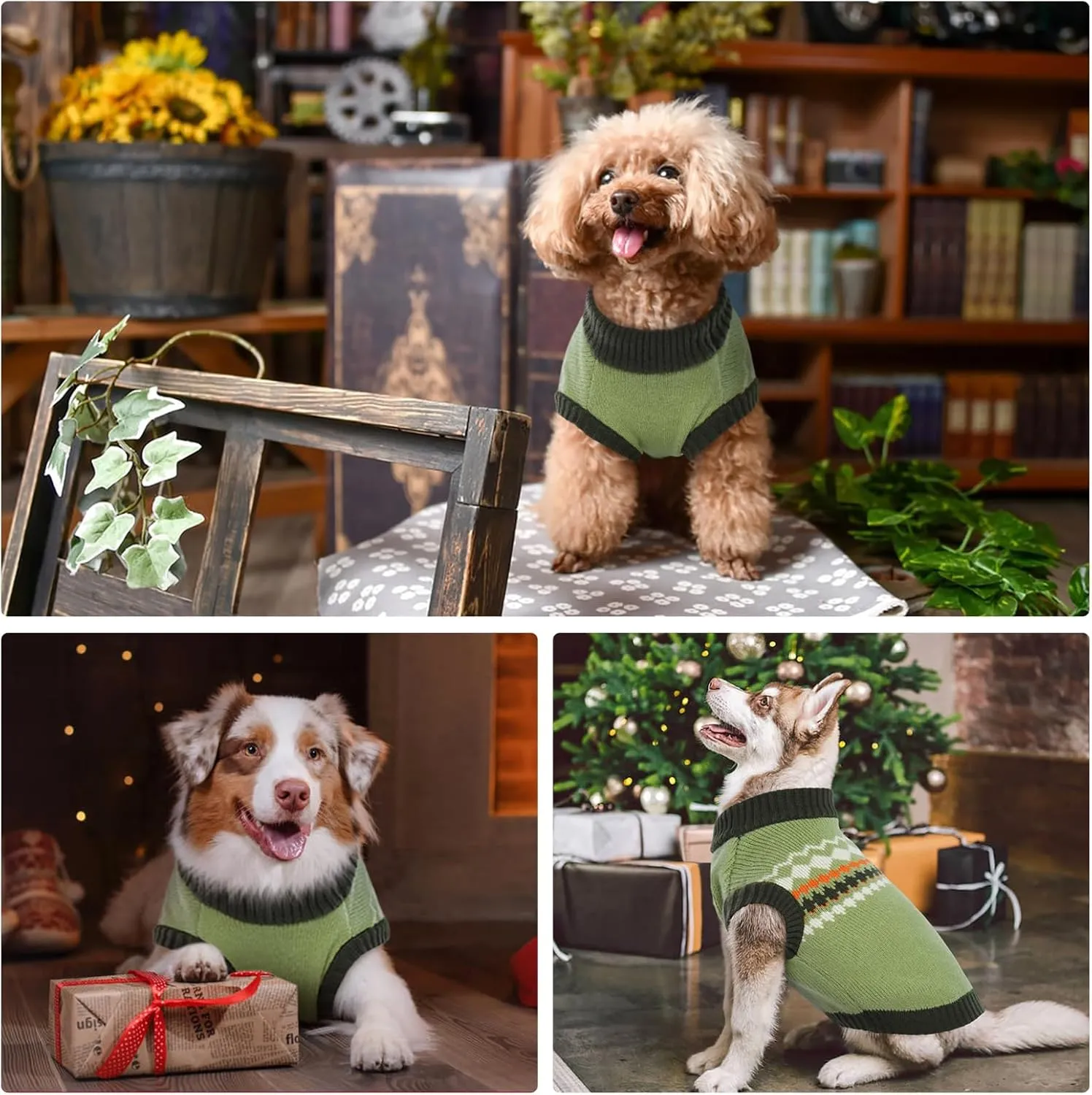 Kuoser Dog Sweater, Small Dog Sweater, Dog Sweaters for Small Dogs Girl Boy, Thermal Puppy Christmas Sweater Knitwear, Cold Weather Pet Winter Pullover Sweatshirt Apparel with Leash Hole, Green XS
