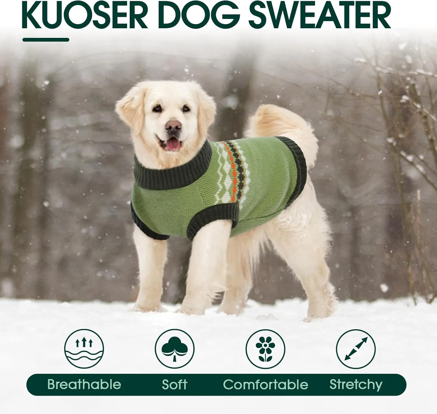 Kuoser Dog Sweater, Small Dog Sweater, Dog Sweaters for Small Dogs Girl Boy, Thermal Puppy Christmas Sweater Knitwear, Cold Weather Pet Winter Pullover Sweatshirt Apparel with Leash Hole, Green XS