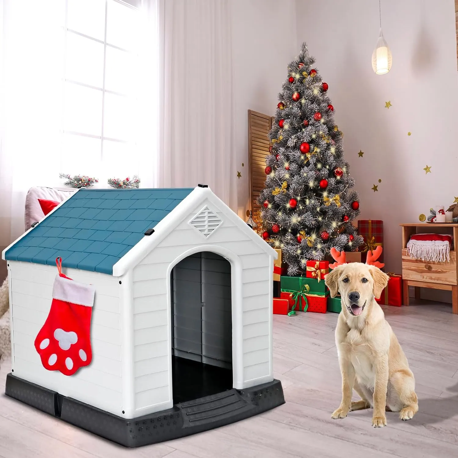 Large Plastic Dog House Indoor Outdoor Durable Ventilate Doghouse for Small Medium Large Dogs Insulated Puppy Shelter w/Air Vents Elevated Floor Waterproof Blue