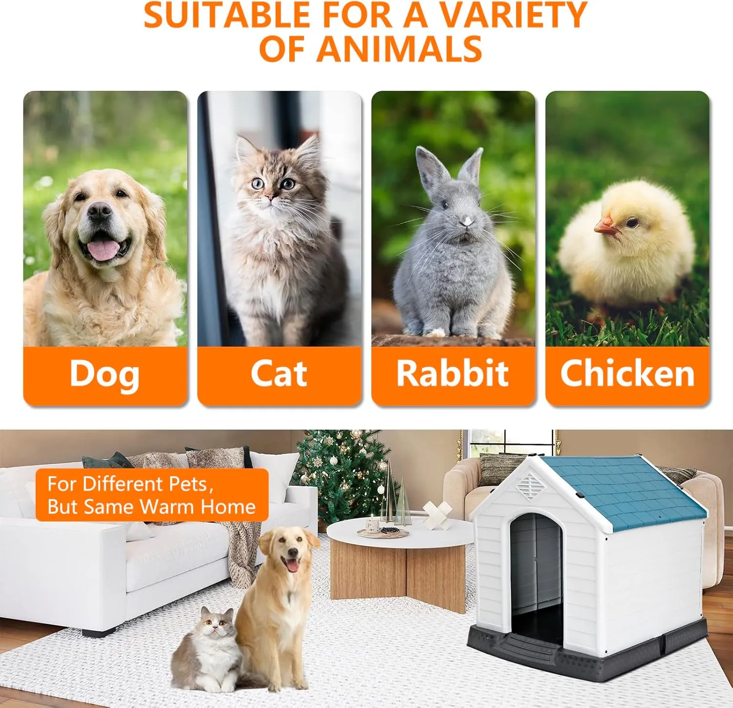 Large Plastic Dog House Indoor Outdoor Durable Ventilate Doghouse for Small Medium Large Dogs Insulated Puppy Shelter w/Air Vents Elevated Floor Waterproof Blue