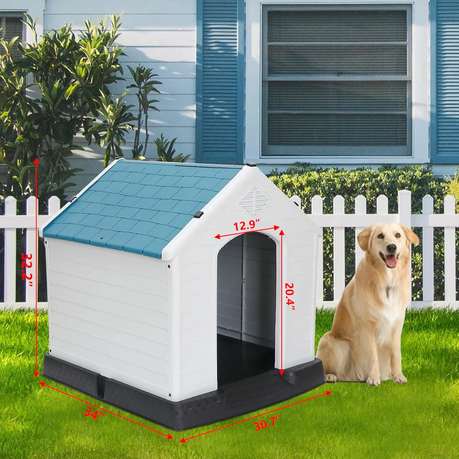 Large Plastic Dog House Indoor Outdoor Durable Ventilate Doghouse for Small Medium Large Dogs Insulated Puppy Shelter w/Air Vents Elevated Floor Waterproof Blue