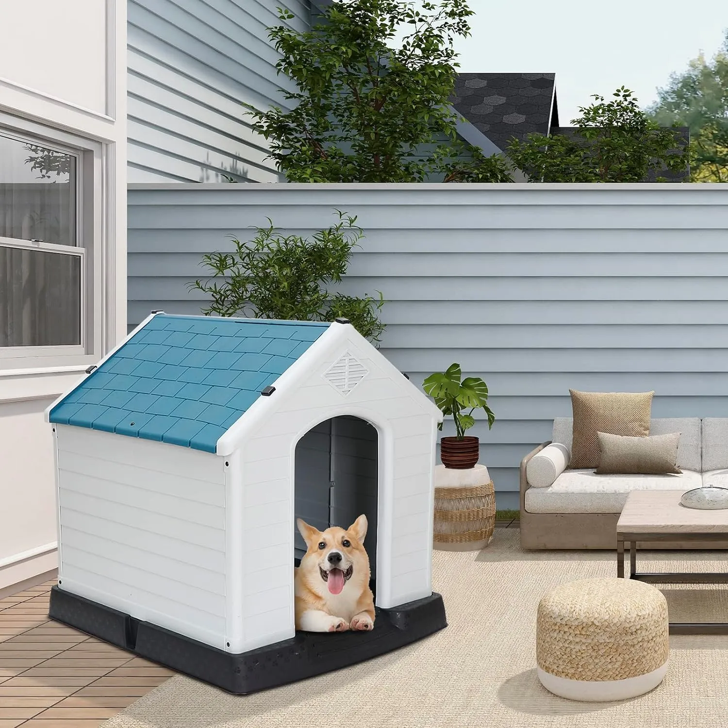 Large Plastic Dog House Indoor Outdoor Durable Ventilate Doghouse for Small Medium Large Dogs Insulated Puppy Shelter w/Air Vents Elevated Floor Waterproof Blue