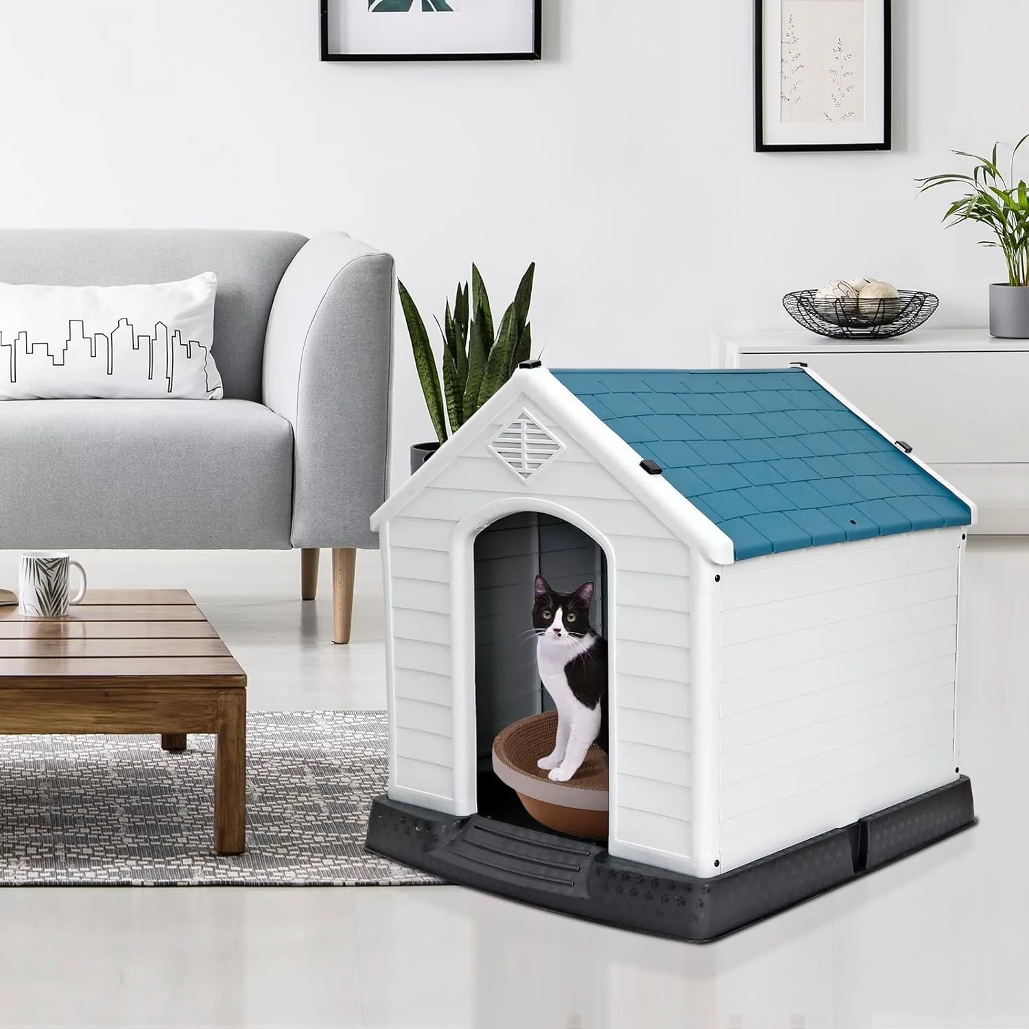 Large Plastic Dog House Indoor Outdoor Durable Ventilate Doghouse for Small Medium Large Dogs Insulated Puppy Shelter w/Air Vents Elevated Floor Waterproof Blue