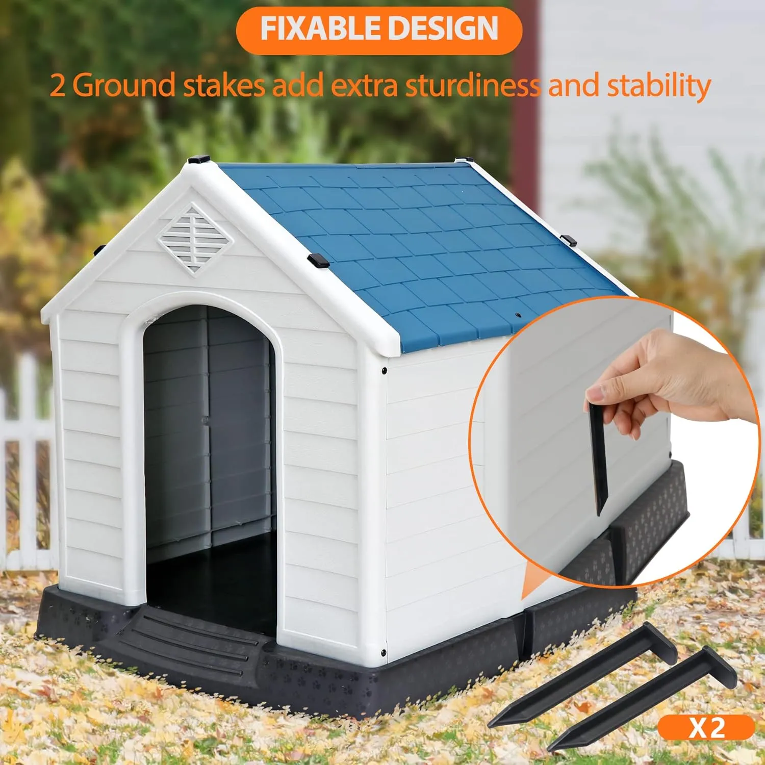 Large Plastic Dog House Indoor Outdoor Durable Ventilate Doghouse for Small Medium Large Dogs Insulated Puppy Shelter w/Air Vents Elevated Floor Waterproof Blue