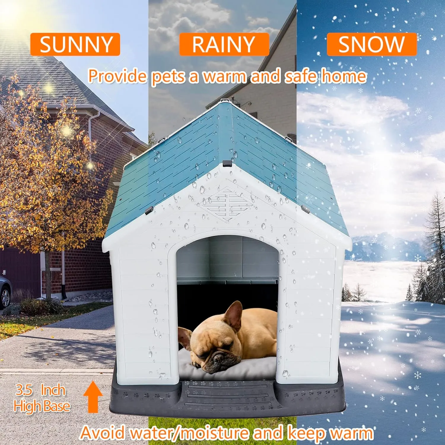Large Plastic Dog House Indoor Outdoor Durable Ventilate Doghouse for Small Medium Large Dogs Insulated Puppy Shelter w/Air Vents Elevated Floor Waterproof Blue