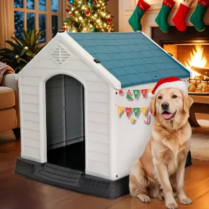 Large Plastic Dog House Indoor Outdoor Durable Ventilate Doghouse for Small Medium Large Dogs Insulated Puppy Shelter w/Air Vents Elevated Floor Waterproof Blue