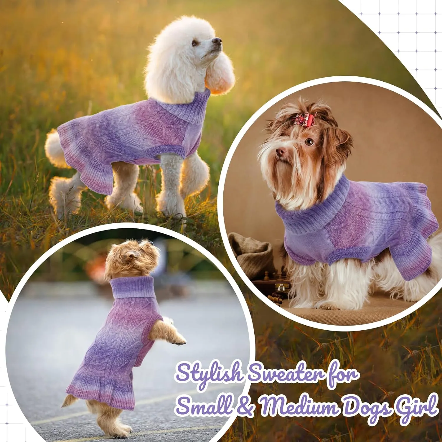 LeLePet Dog Sweater Turtleneck Knitwear Sweatshirt Cable Knit Warm Dress for Small Medium Large Dogs Puppy Fall Sweater, Pug, Pomeranian, M, Purple