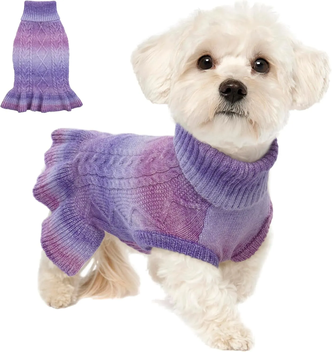 LeLePet Dog Sweater Turtleneck Knitwear Sweatshirt Cable Knit Warm Dress for Small Medium Large Dogs Puppy Fall Sweater, Pug, Pomeranian, M, Purple
