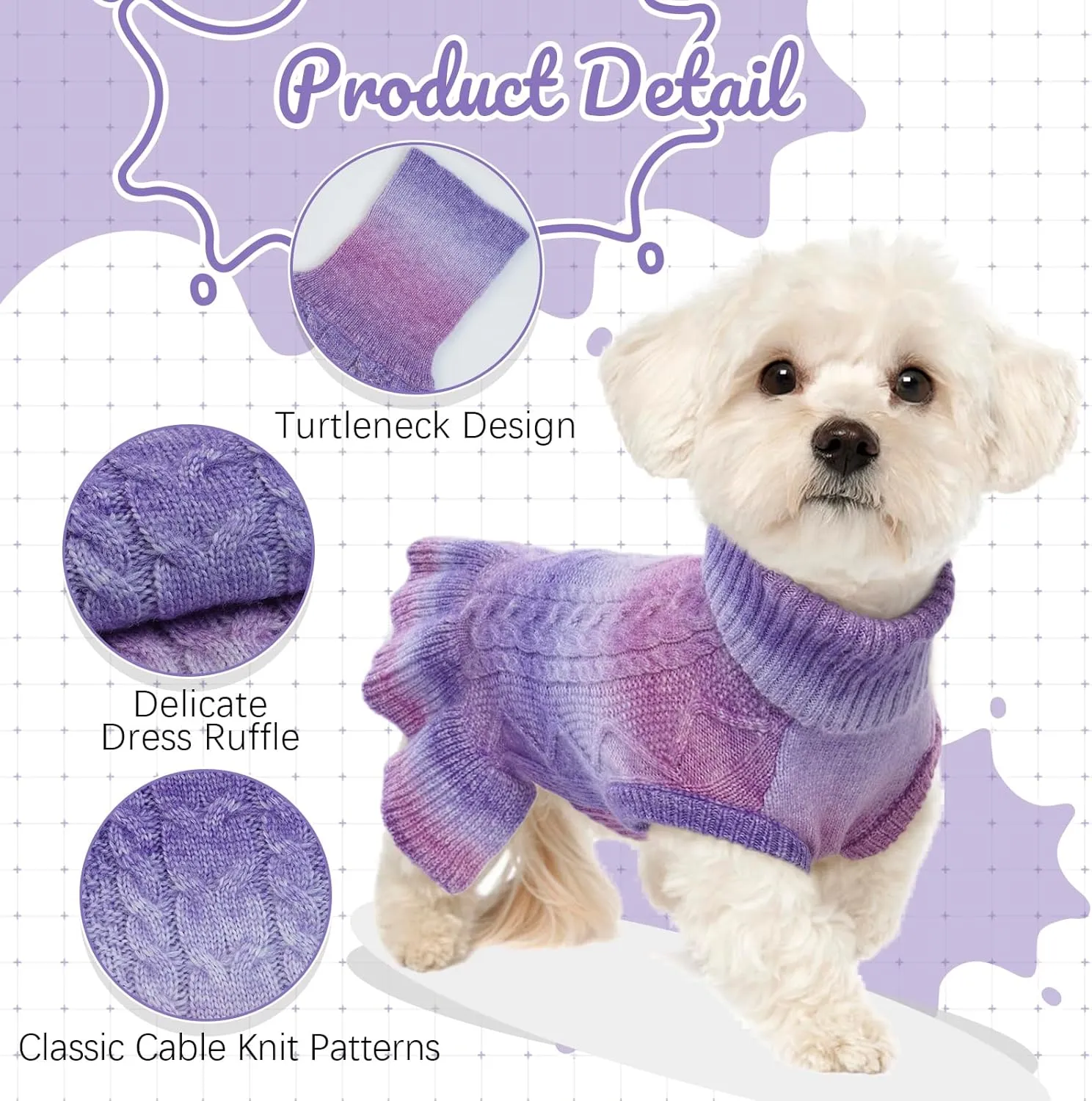 LeLePet Dog Sweater Turtleneck Knitwear Sweatshirt Cable Knit Warm Dress for Small Medium Large Dogs Puppy Fall Sweater, Pug, Pomeranian, M, Purple