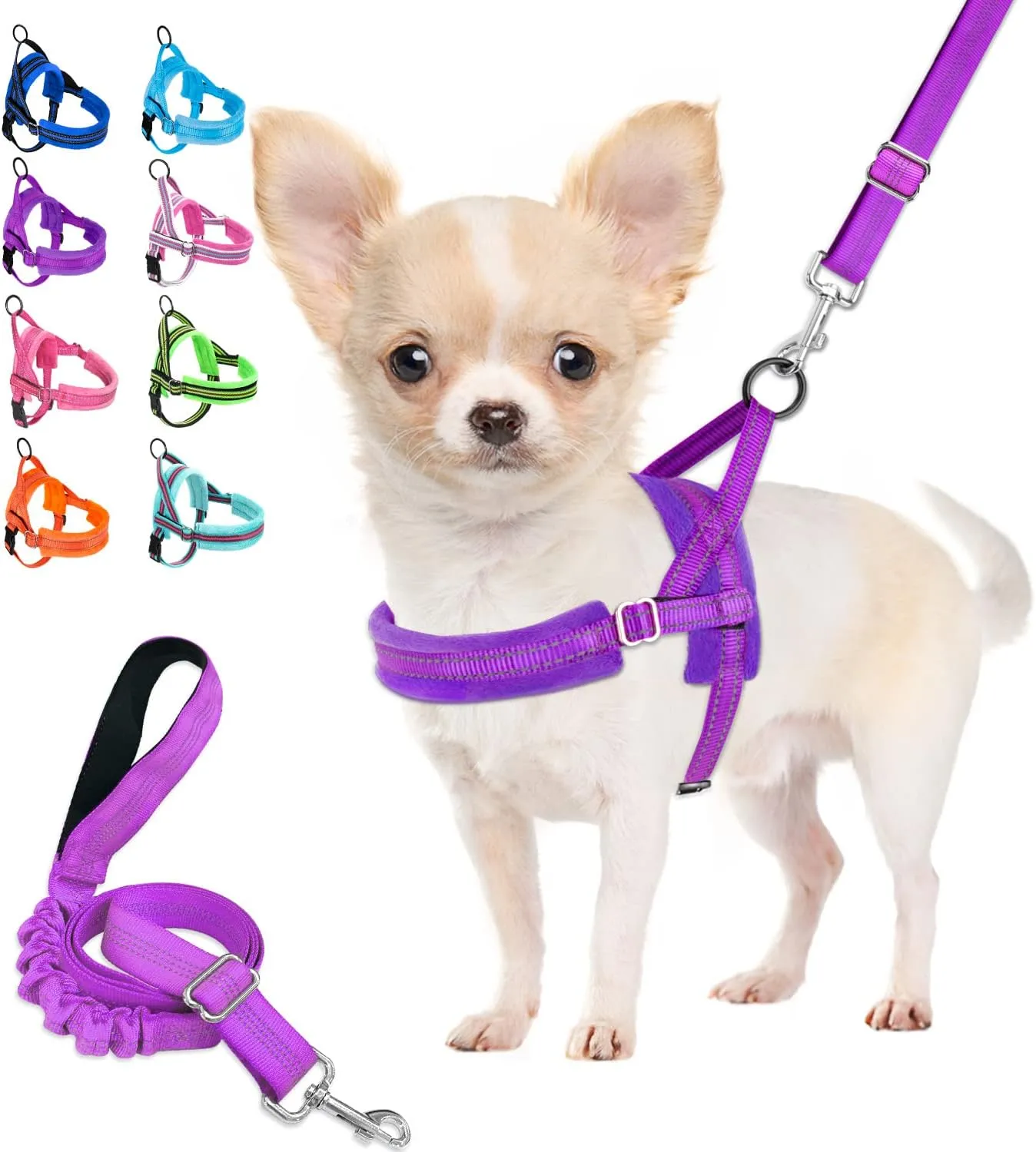 Lukovee Dog Harness and Leash Set, Soft Padded Small Dog Harness, Neck & Chest Adjustable Reflective Vest Puppy Harness with 4ft Lightweight Anti-Twist Dog Leash for Small Dogs (XX-Small, Purple)