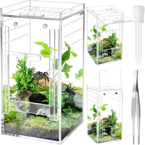 Mini Spider Enclosure, Windspeed 3x3x6 Acrylic Terrarium with Ventilation Jumping Spider Enclosure Cage Portable Micro Habitat Terrarium for Tarantula Lizards Gecko with Tongs, Dropper