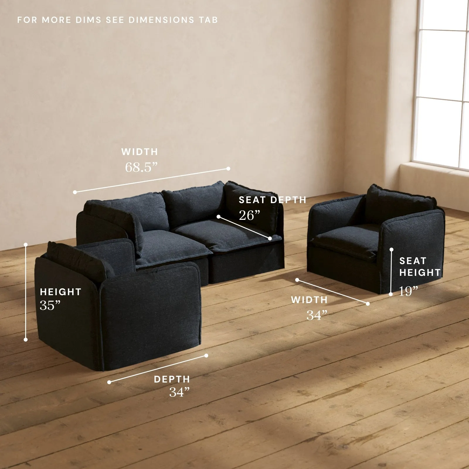 Modular Performance 2-Seater Sofa   Armchair Set in Indigo | Relaxed Blend