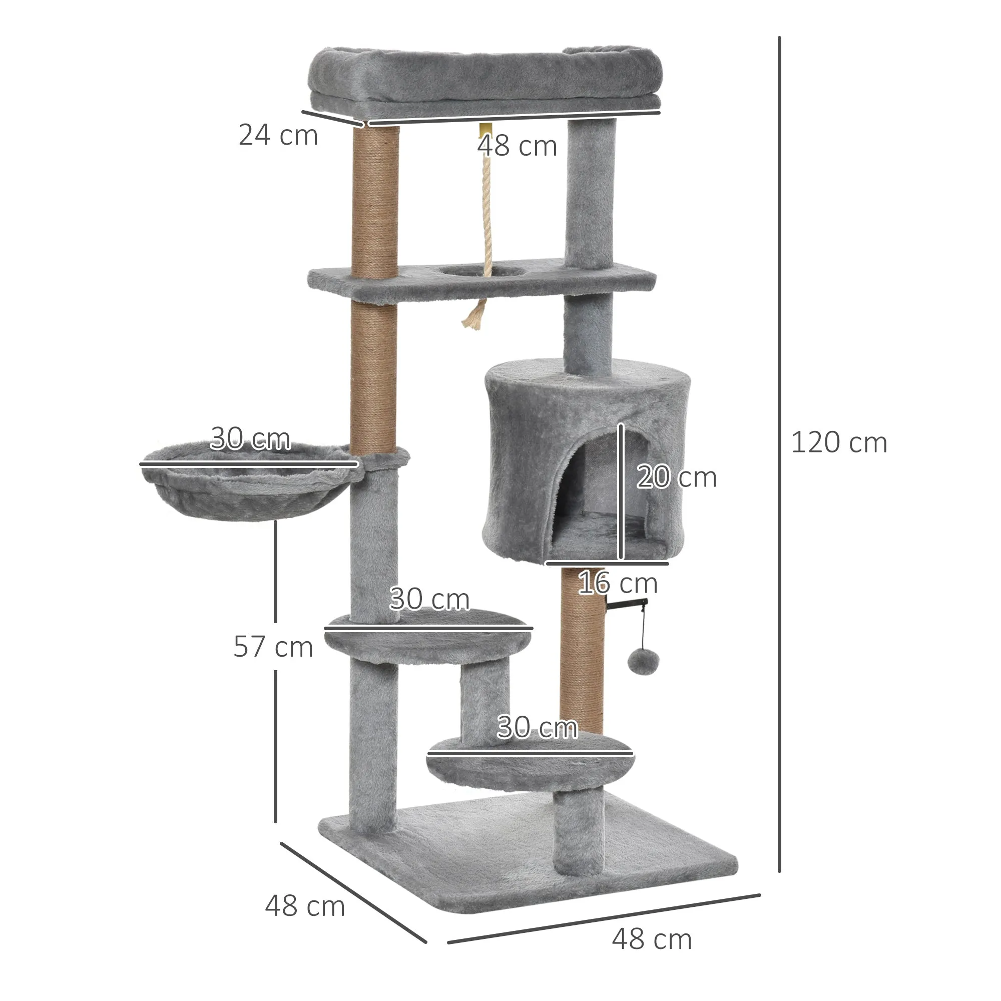 PawHut Cat Tree Climbing Kitten Activity Center 48 x 48 x 120cm Light Grey