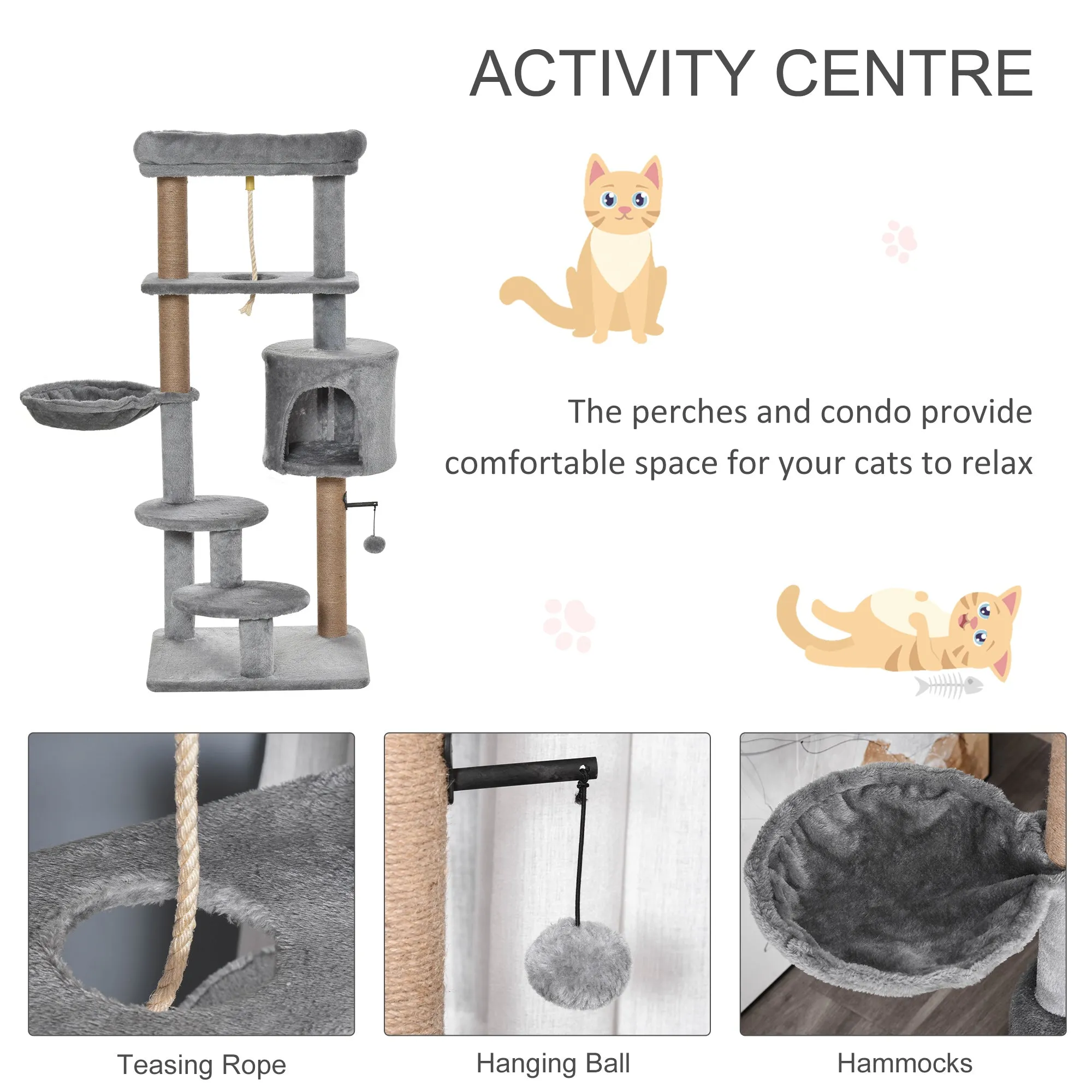PawHut Cat Tree Climbing Kitten Activity Center 48 x 48 x 120cm Light Grey