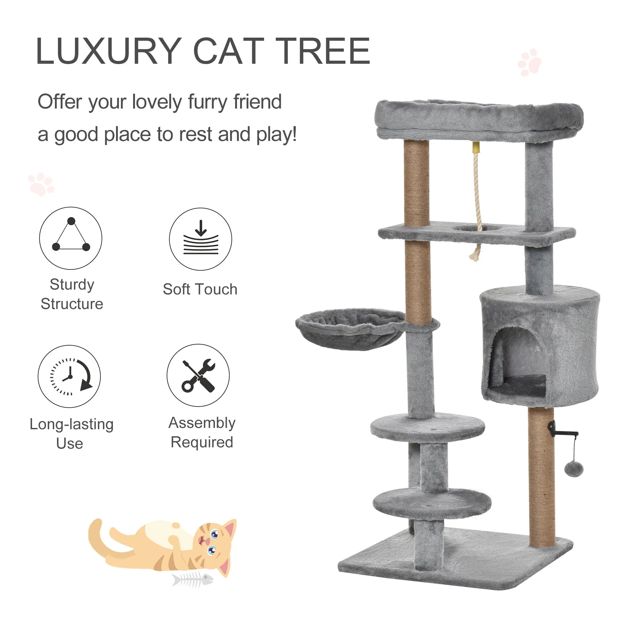 PawHut Cat Tree Climbing Kitten Activity Center 48 x 48 x 120cm Light Grey