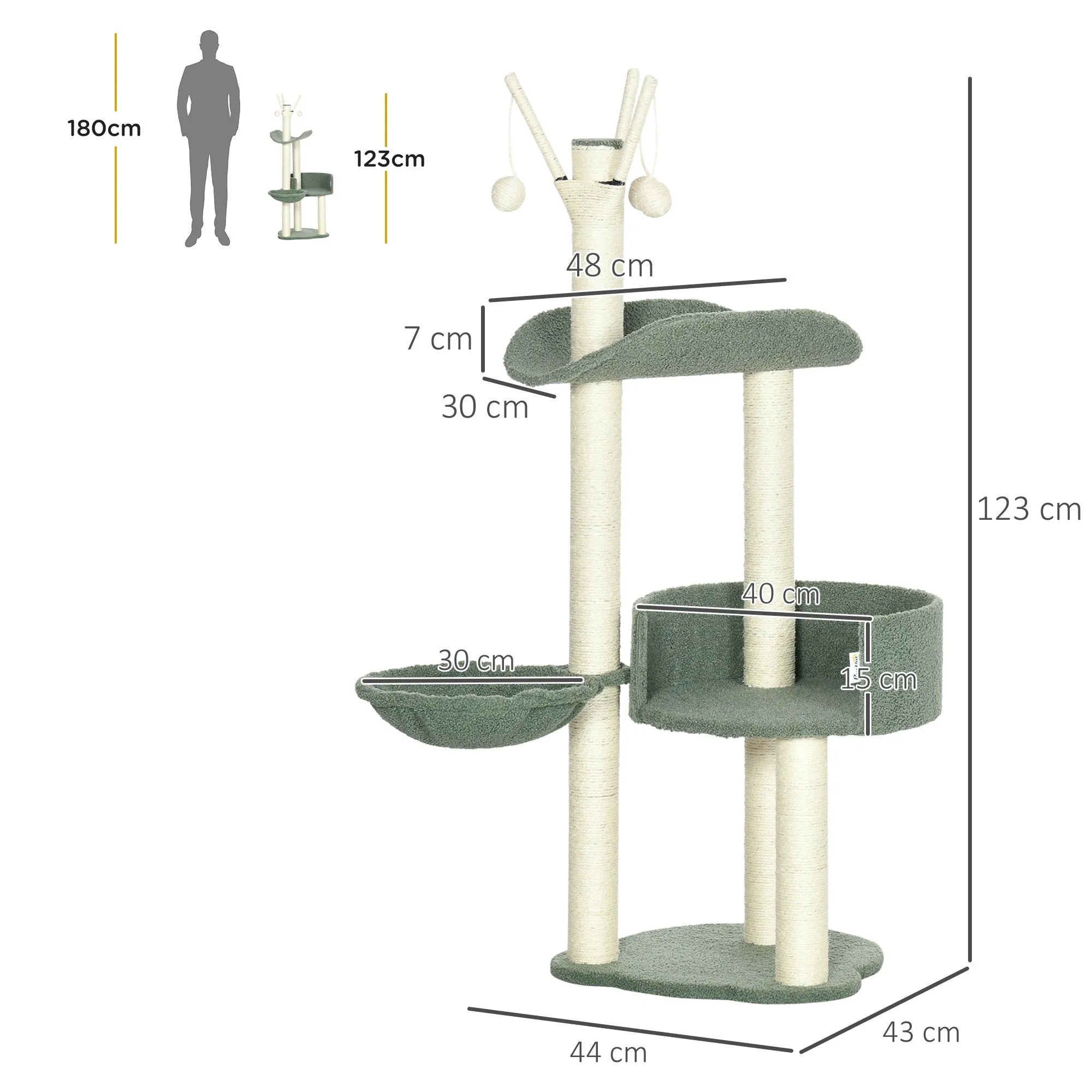 PawHut Cat Tree w/ Sisal Scratching Post, Hammock, Kitten Bed, Toy Ball