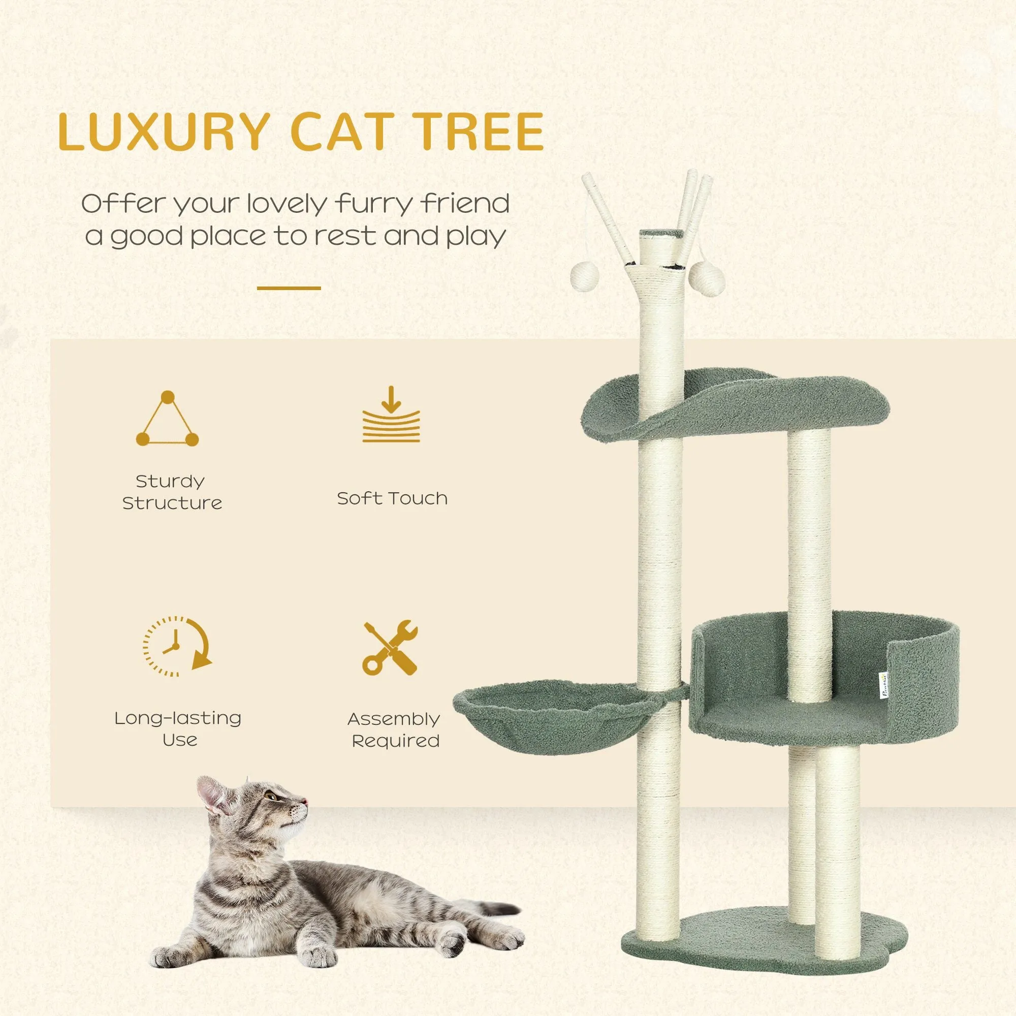 PawHut Cat Tree w/ Sisal Scratching Post, Hammock, Kitten Bed, Toy Ball