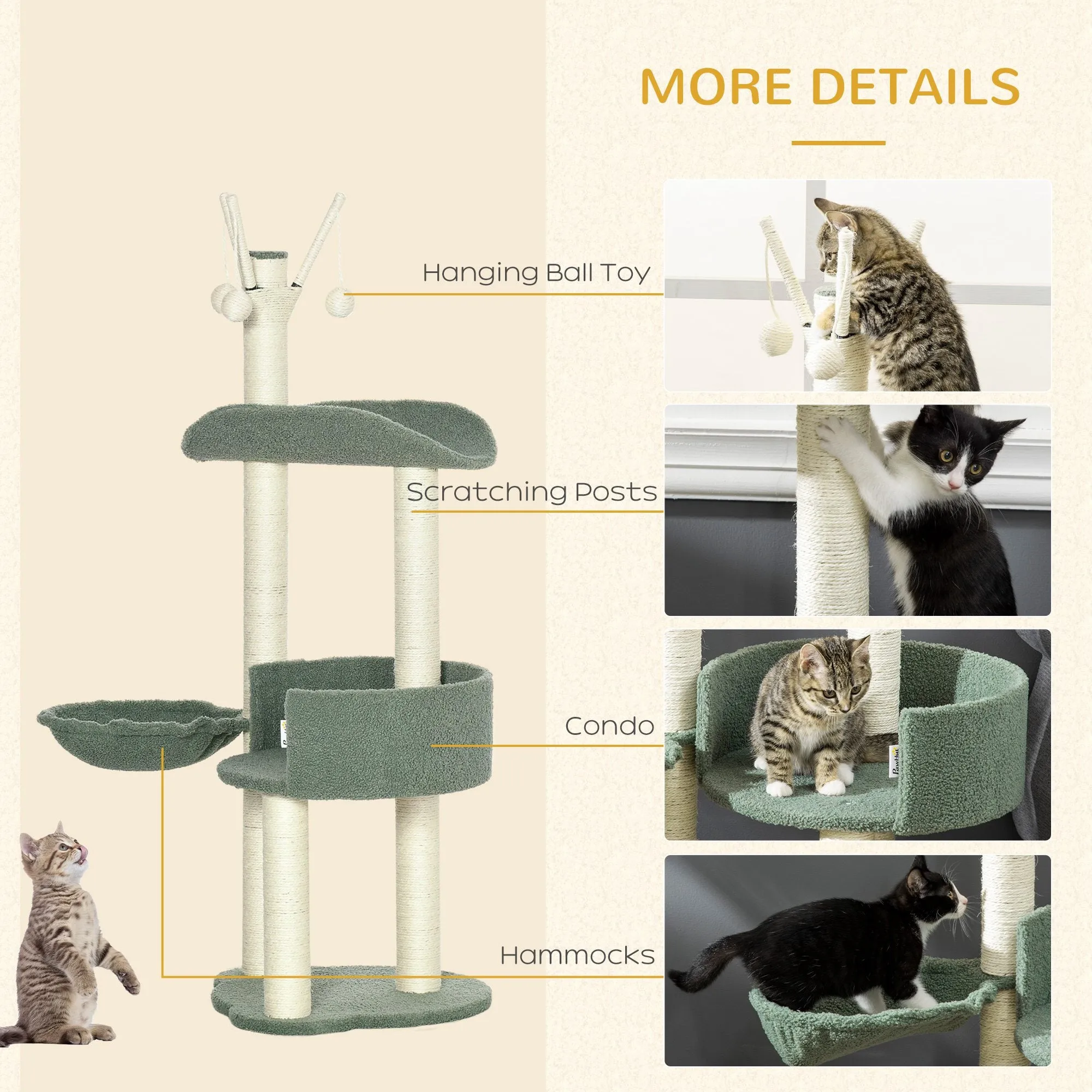 PawHut Cat Tree w/ Sisal Scratching Post, Hammock, Kitten Bed, Toy Ball