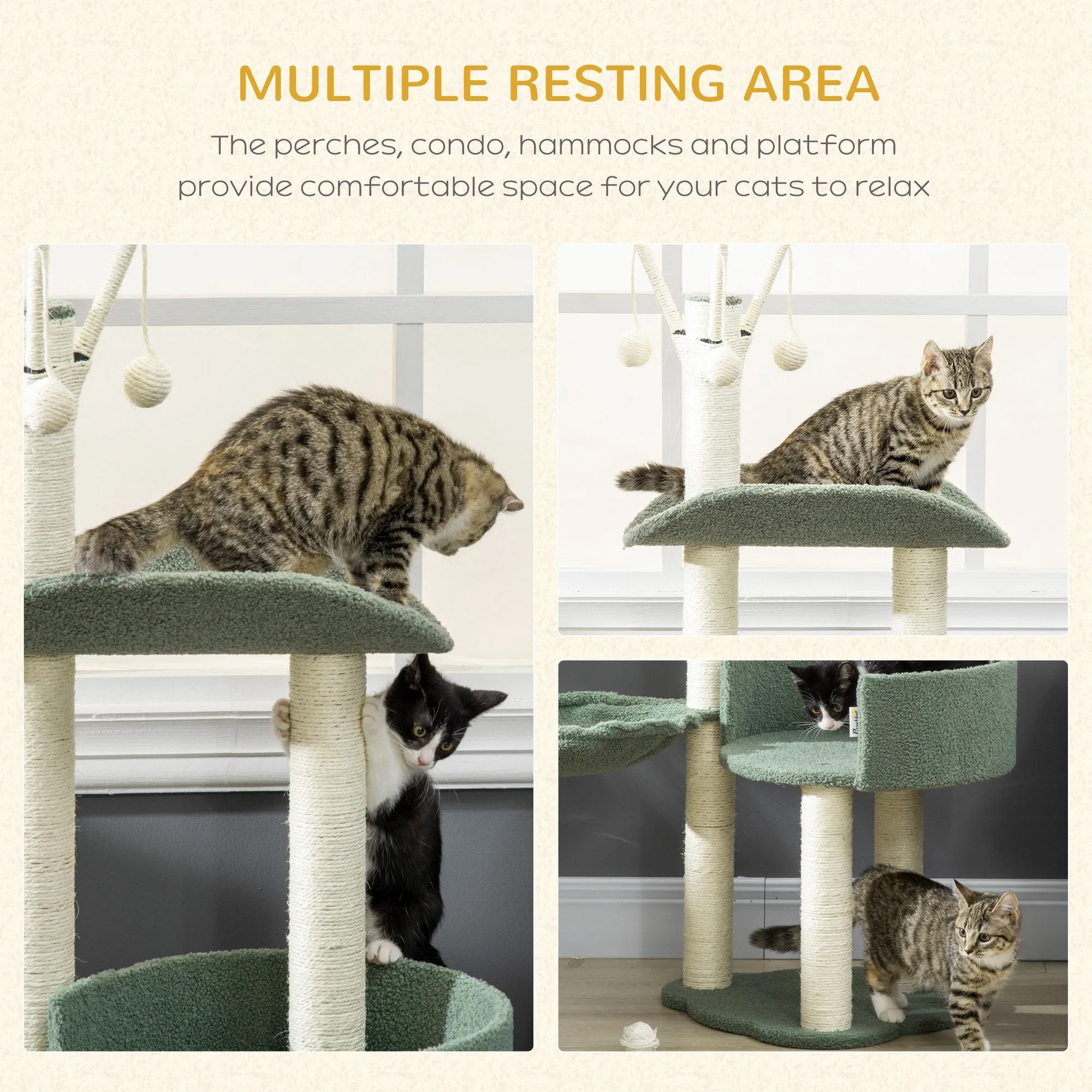 PawHut Cat Tree w/ Sisal Scratching Post, Hammock, Kitten Bed, Toy Ball