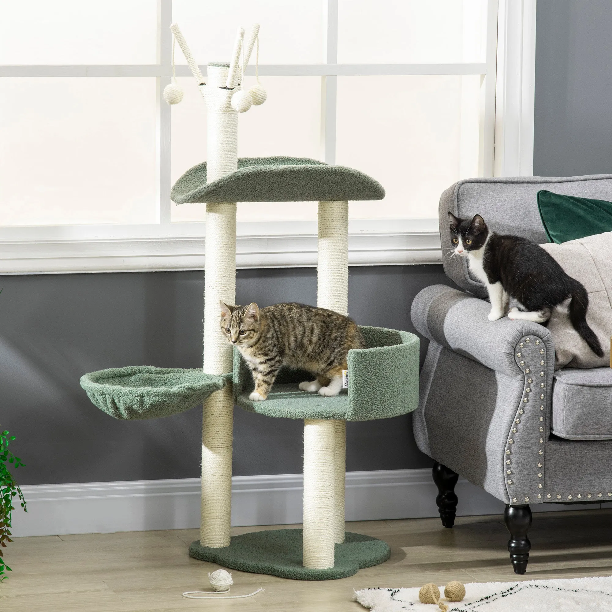 PawHut Cat Tree w/ Sisal Scratching Post, Hammock, Kitten Bed, Toy Ball