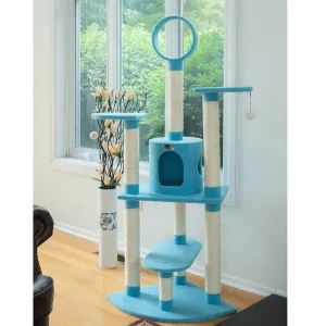 Real Wood 65-Inch Classic Cat Tree In Sky Blue 5-Level Condo