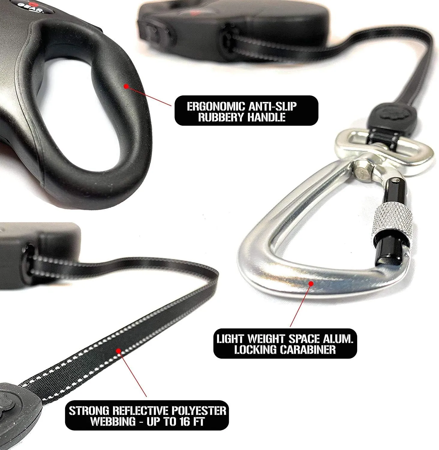 Retractable Dog Leash for Large and Medium Dogs with Locking Carabiner | Heavy Duty 16 ft Strong Reflective Polyester Webbing, 1-Button Break & Lock, Anti-Slip Handle, Tangle Free