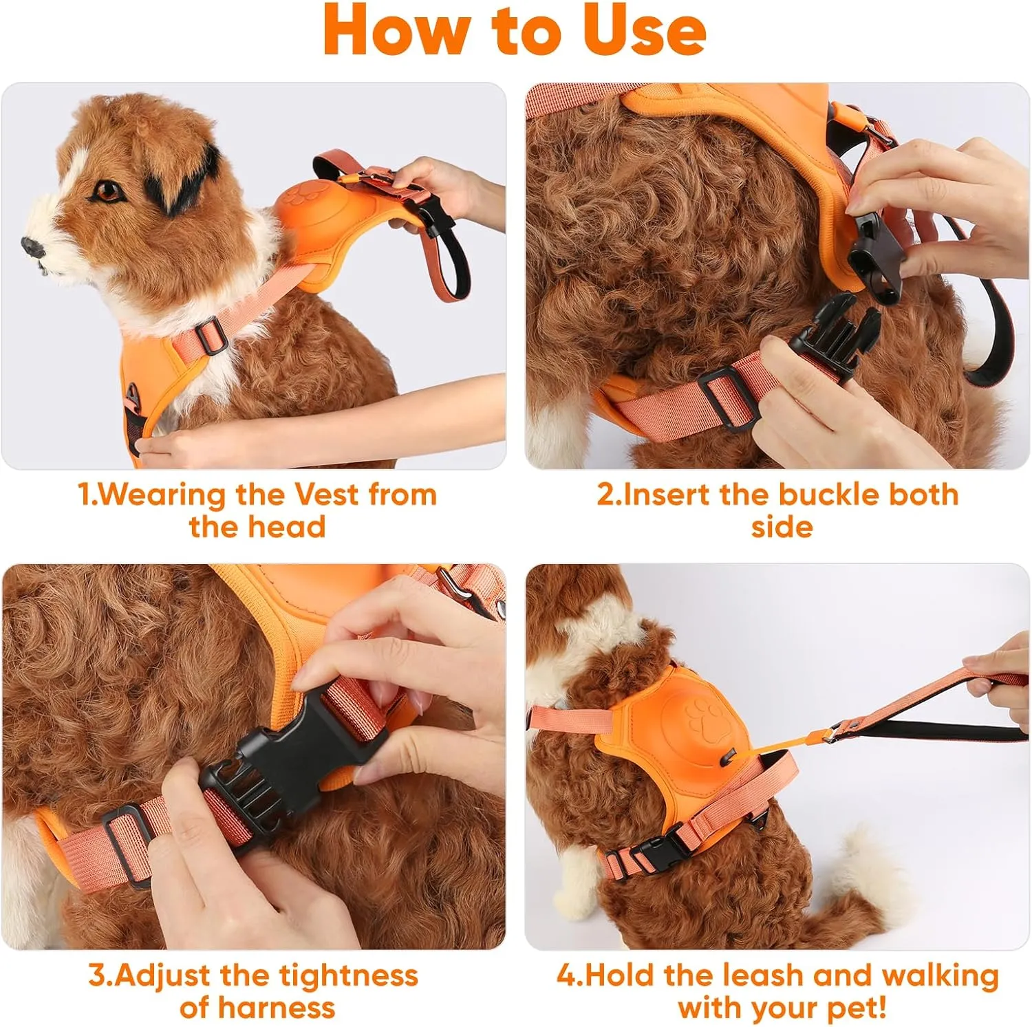 Retractable No-Pull Dog Harness, Auto-Stop Rope for Safety Use, Adjustable Reflective Oxford Easy Control,for 15-33 LBS Medium/Large Dogs Use(Orange)