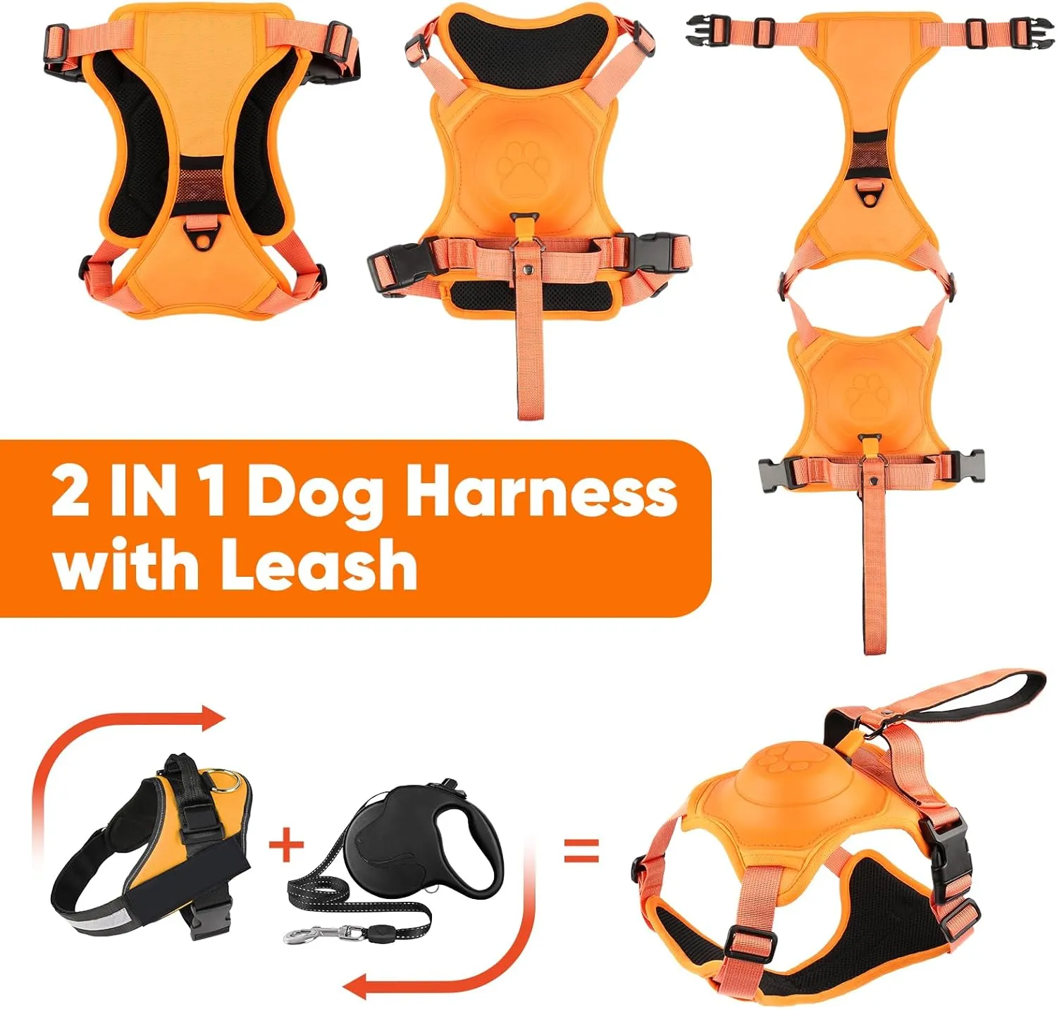 Retractable No-Pull Dog Harness, Auto-Stop Rope for Safety Use, Adjustable Reflective Oxford Easy Control,for 15-33 LBS Medium/Large Dogs Use(Orange)