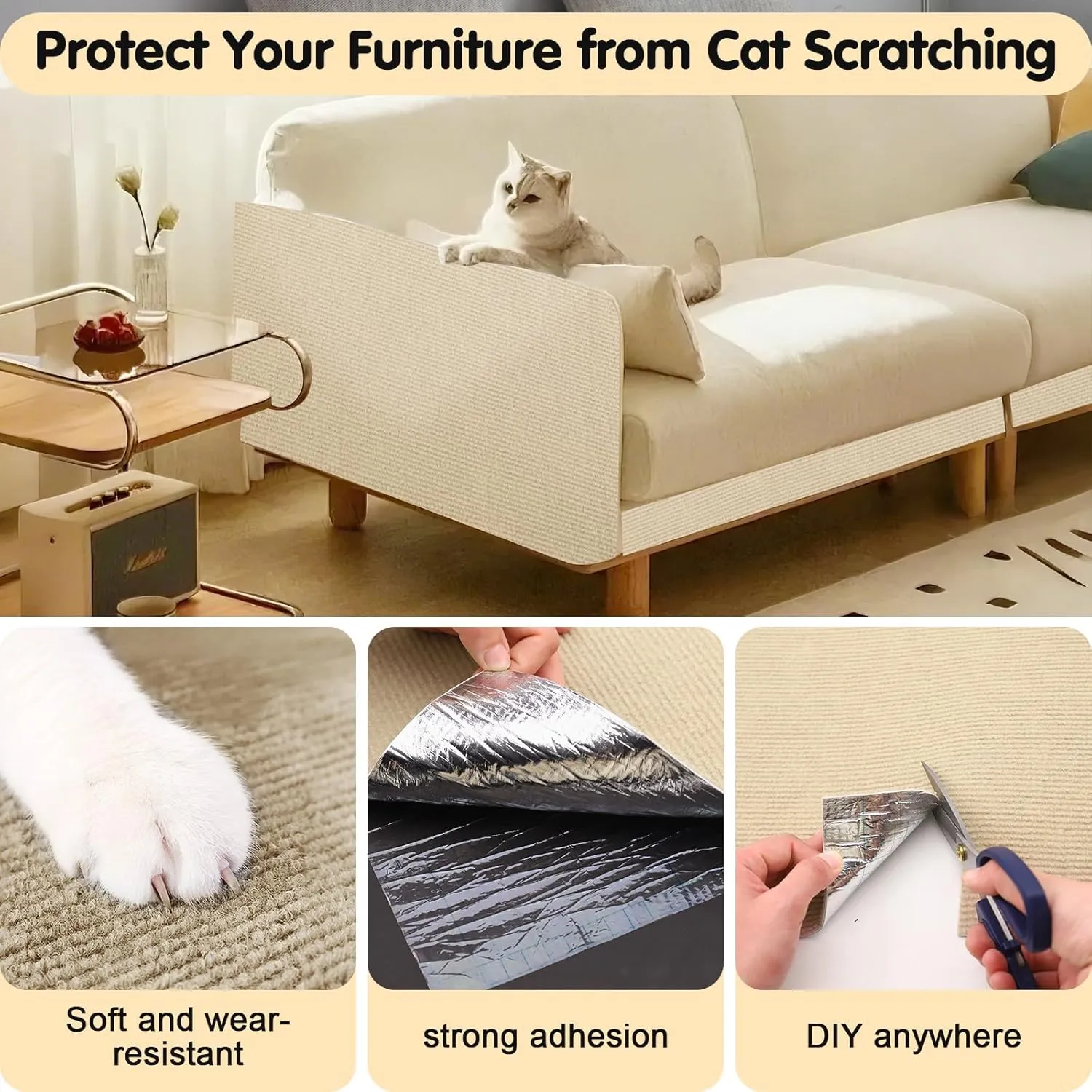 Self-Adhesive Cat Scratching Mat - Durable Couch Protector for Furniture, No Residue, Customizable, Safe for Cats, Easy Installation, Protects Sofas and Chairs