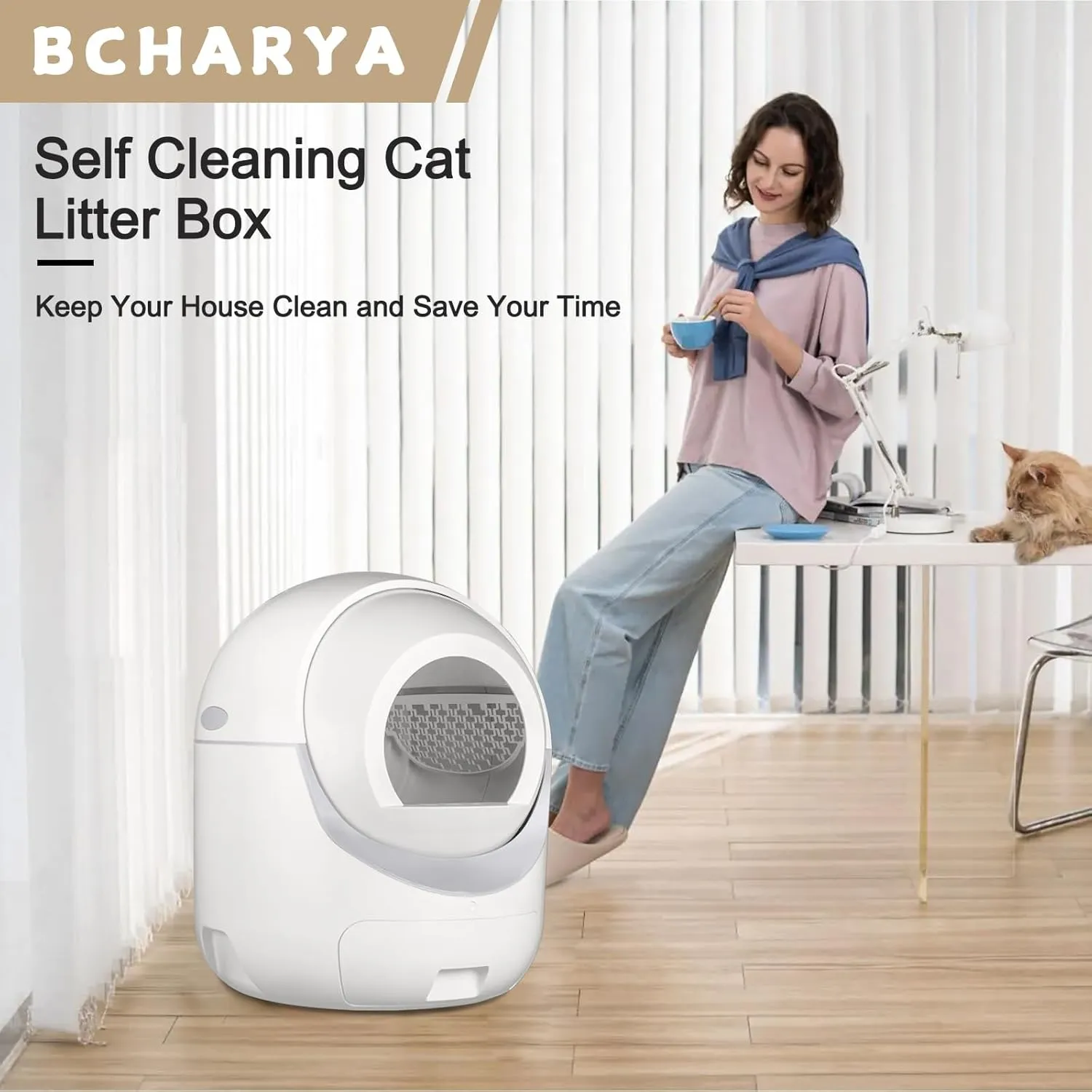 Self Cleaning Litter Box, Automatic Litter Box with APP Control, Safety Protection, Large Capacity for Multiple Cats, with Garbage Bags, Grey