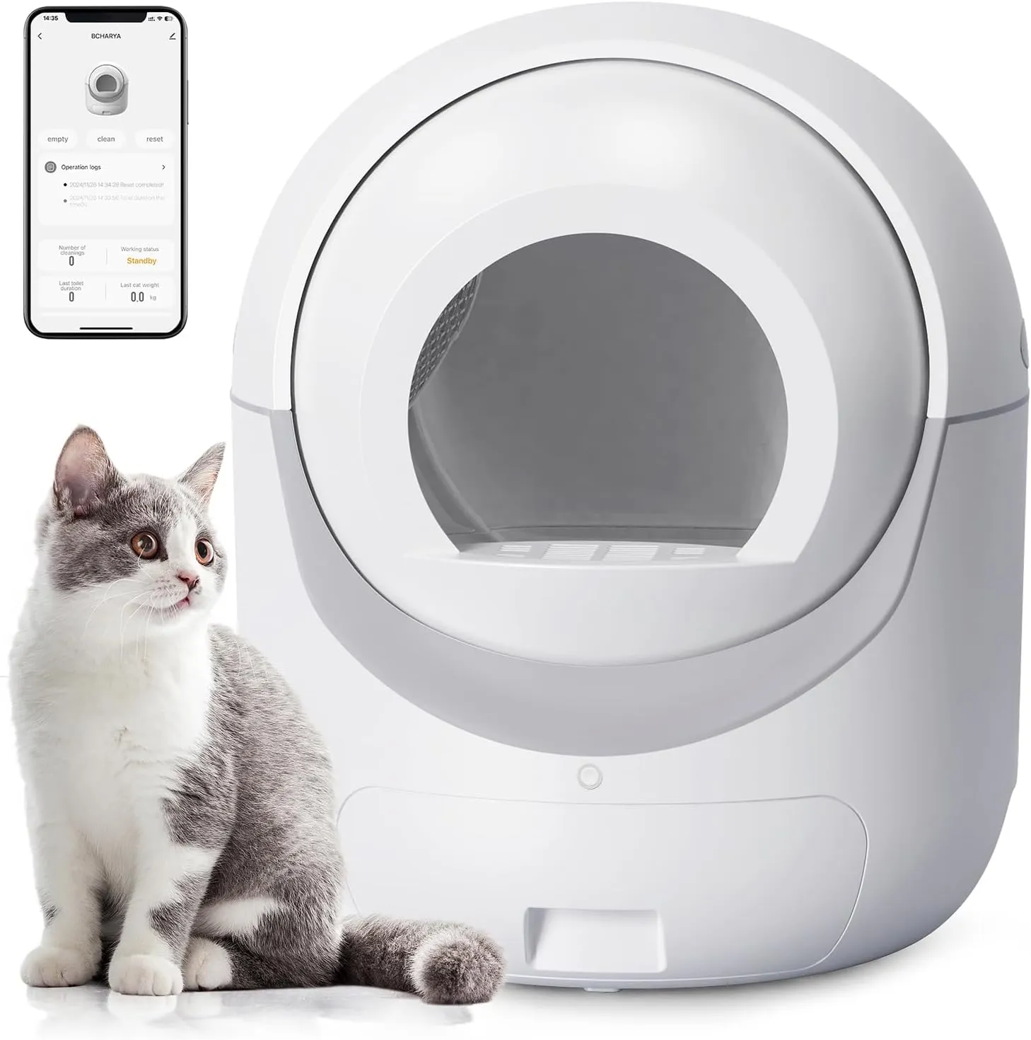 Self Cleaning Litter Box, Automatic Litter Box with APP Control, Safety Protection, Large Capacity for Multiple Cats, with Garbage Bags, Grey