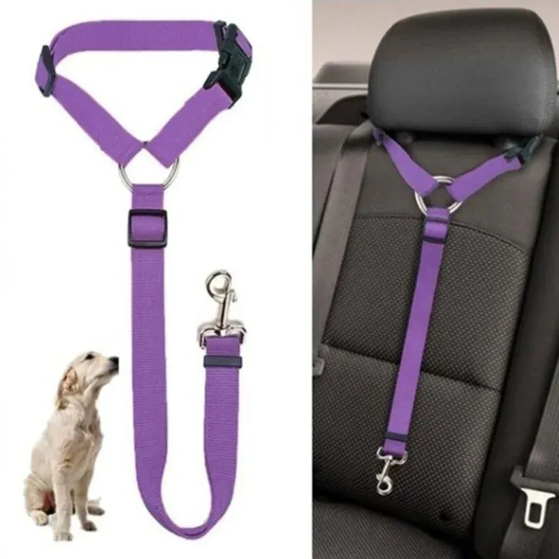 Solid Color Two-in-One Pet Car Seat Belt | Nylon Lead Leash Backseat Safety Belt | Adjustable Dog Harness Collar | Pet Accessories